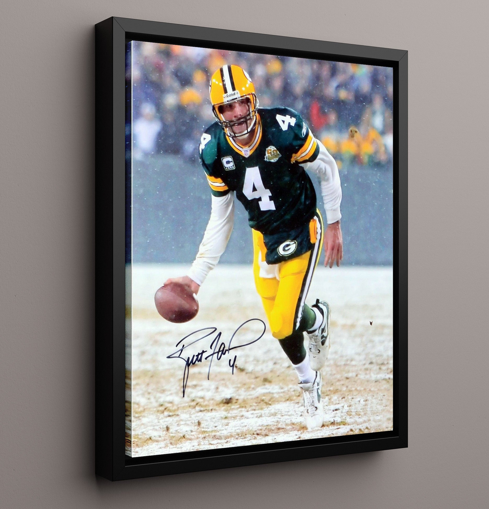 Brett Favre - Green Bay Football Snow Game Quarterback Run Vintage Football Wall Art - 16x20 Framed Canvas football decor