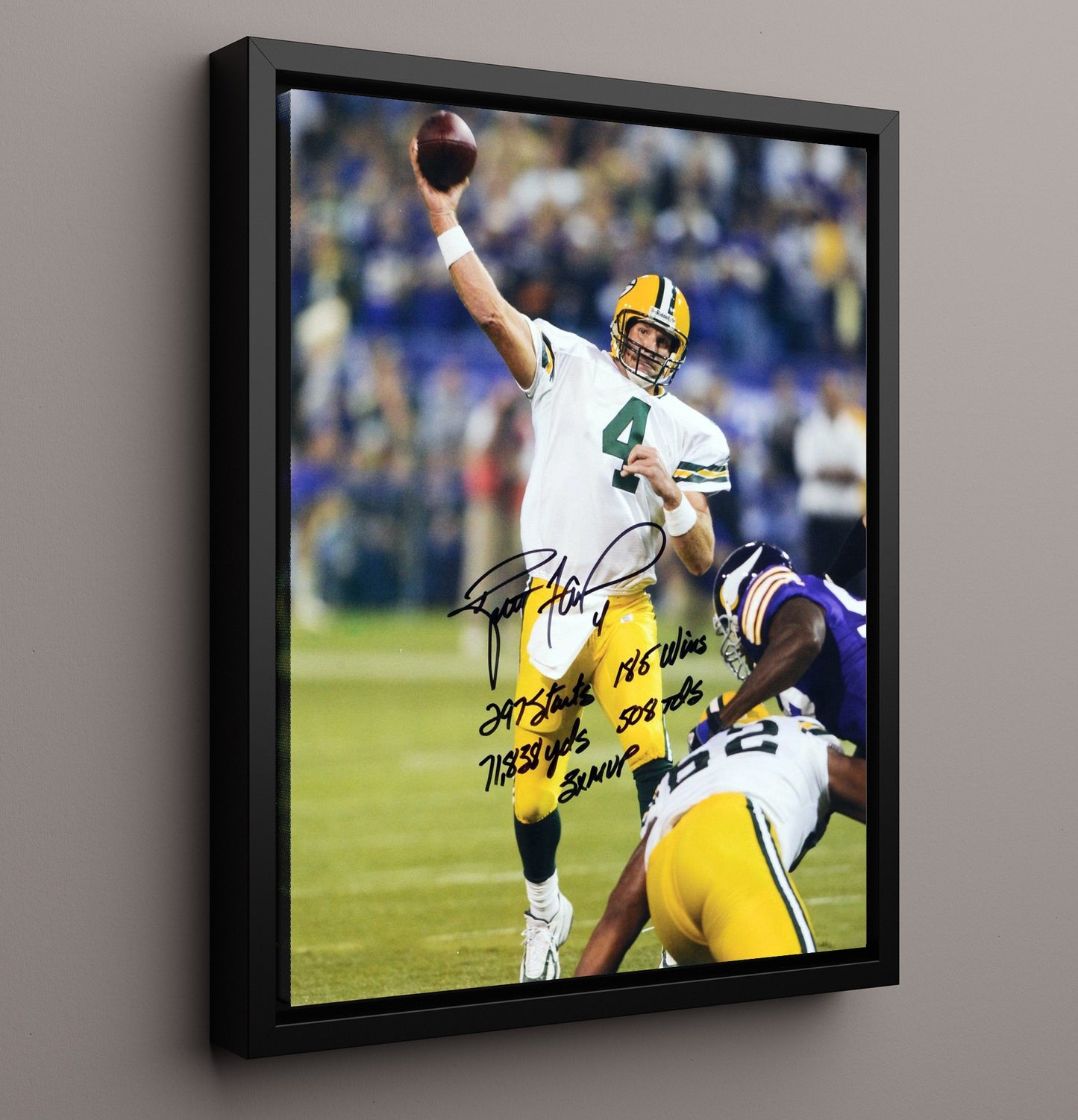 Brett Favre - Green Bay football Career Passing Leader Stats Graphic Vintage Football Wall Art - 16x20 Framed Canvas football decor
