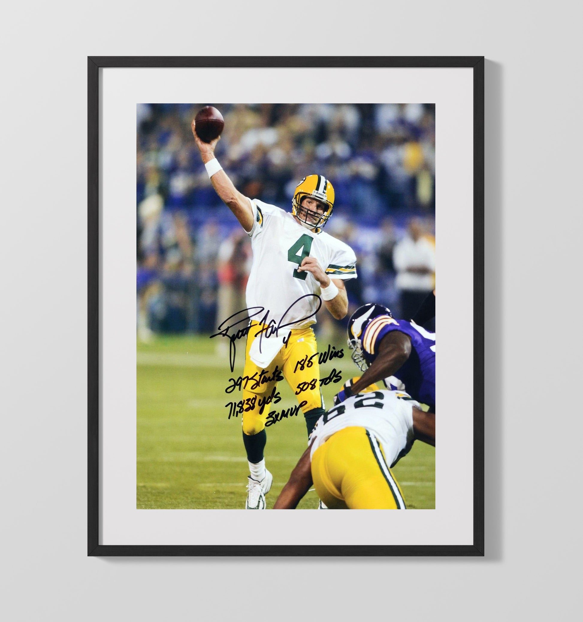 Brett Favre - Green Bay football Career Passing Leader Stats Graphic Vintage Football Wall Art - 16x20 Gallery Frame football decor