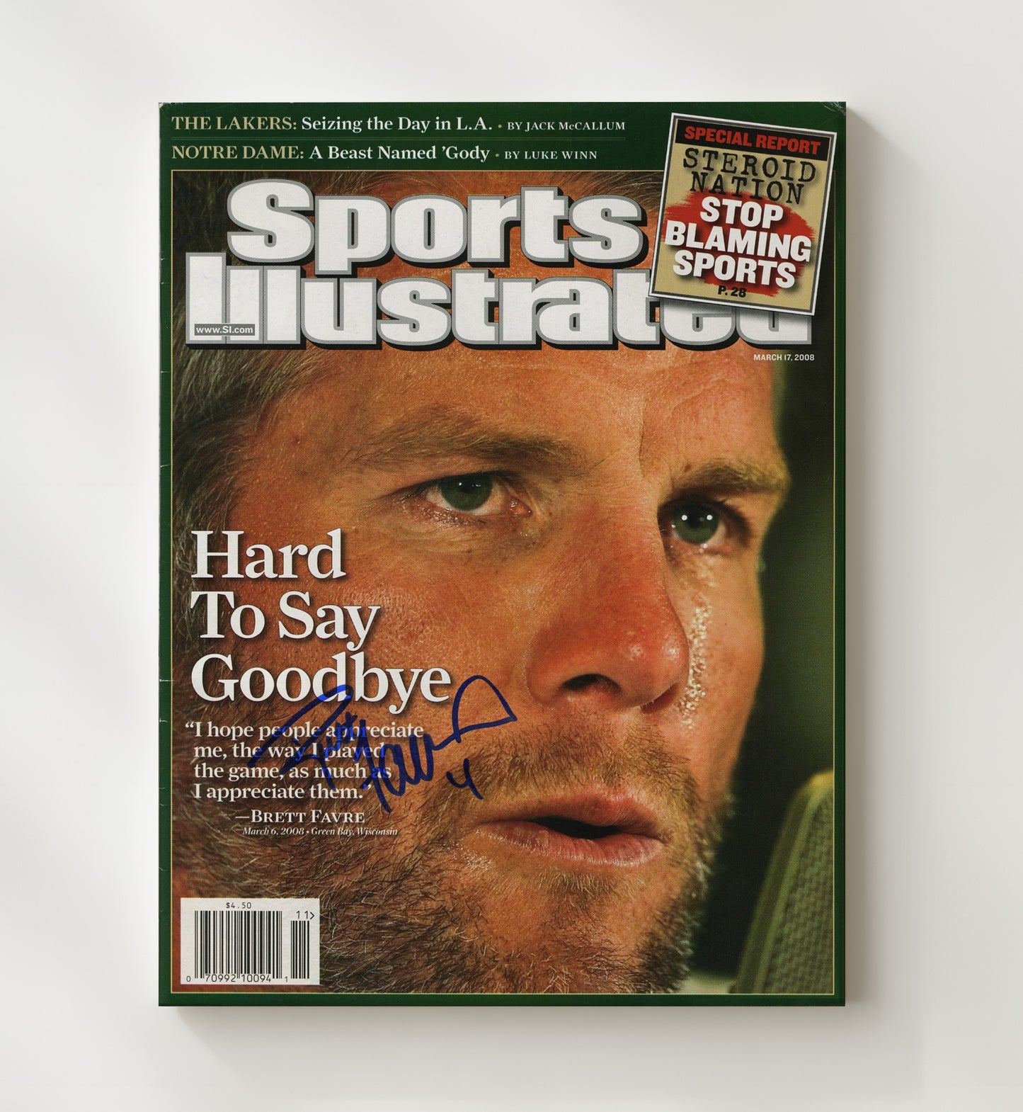 Brett Favre - Green Bay football Hard to Say Goodbye 2008 SI Cover Vintage Football Wall Art - 20x24 Canvas football decor