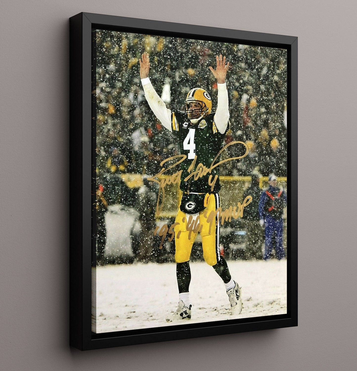Brett Favre - Green Bay football Snow Game Celebration Lambeau Field Vintage Football Wall Art - 16x20 Framed Canvas football decor