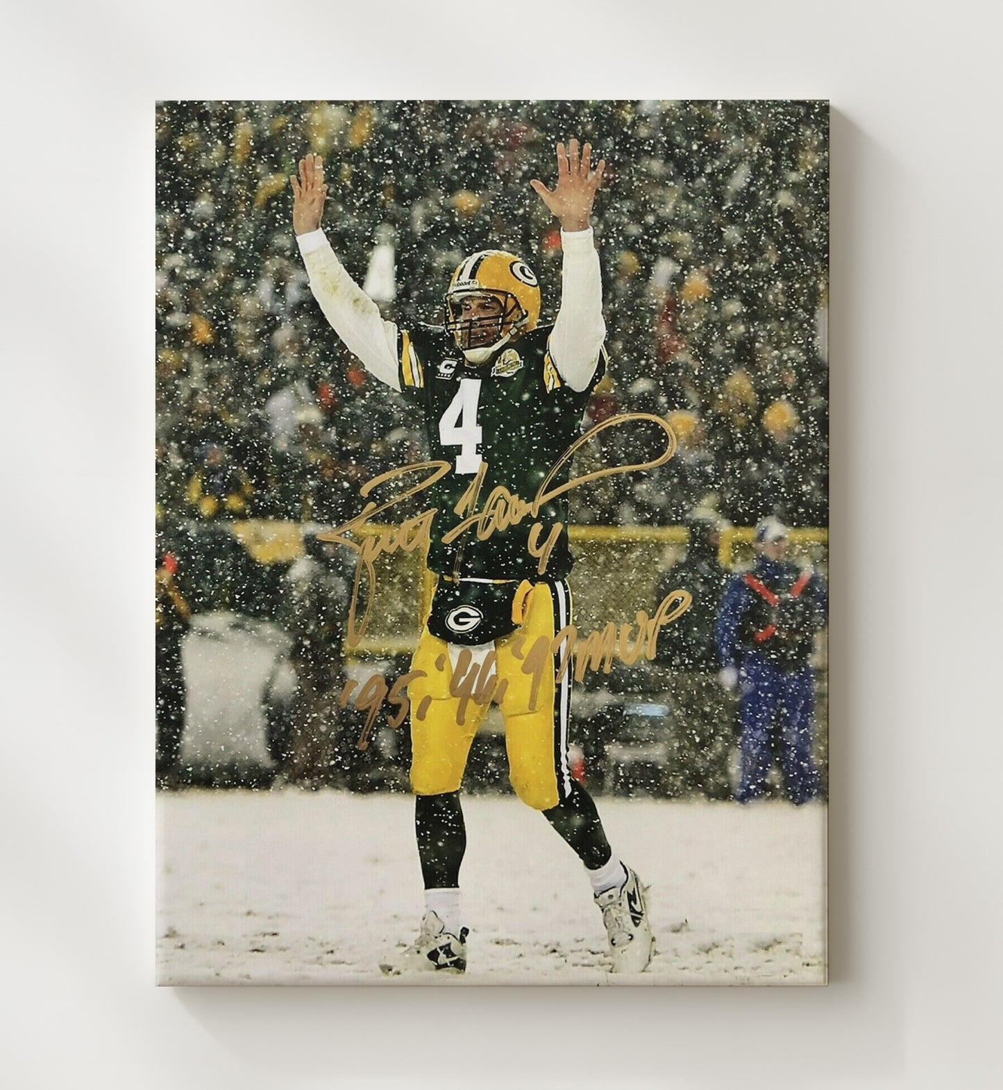 Brett Favre - Green Bay football Snow Game Celebration Lambeau Field Vintage Football Wall Art - 20x24 Canvas football decor