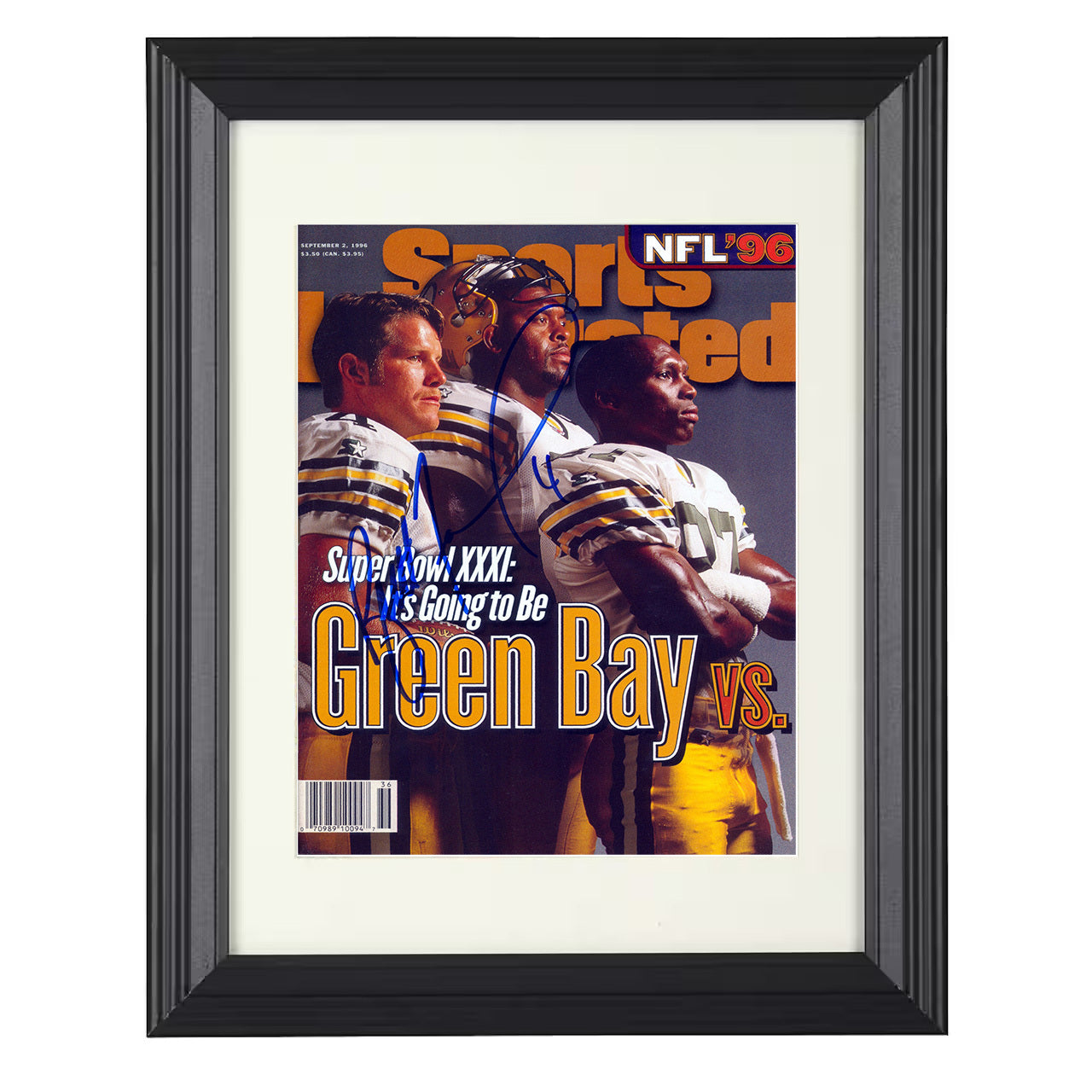 Brett Favre and Ensemble – Green Bay NFL 96 Preview 1996 SI – 8x10 black beveled framed football wall art