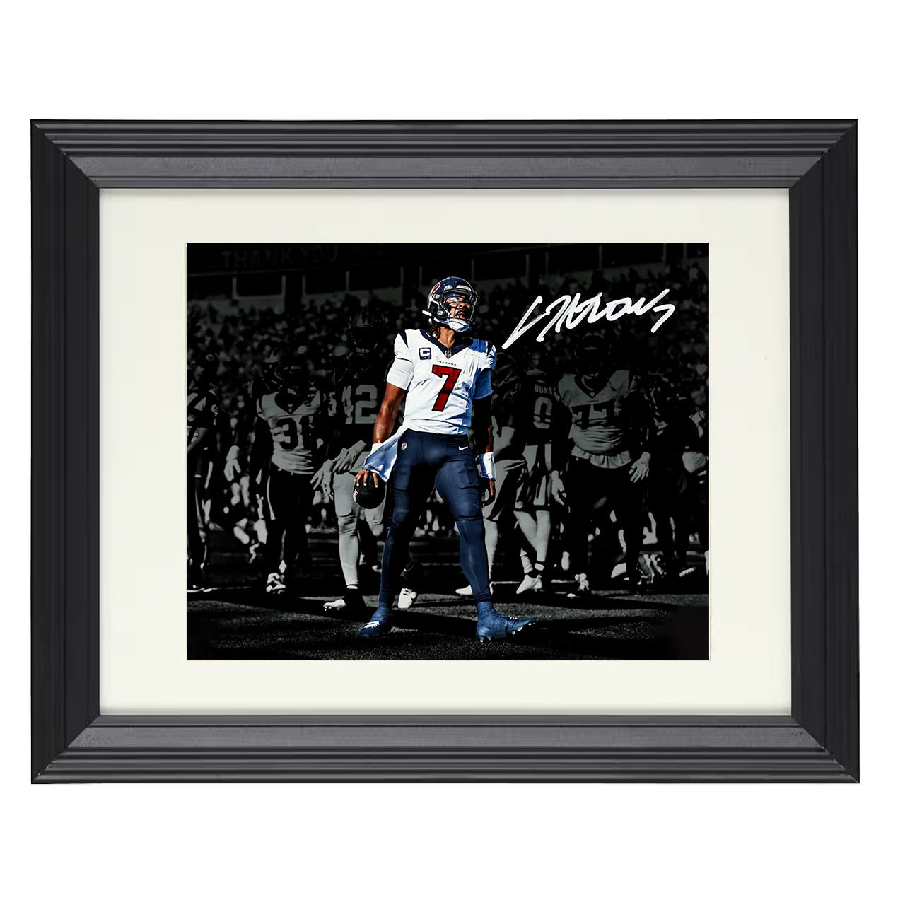 CJ Stroud – Houston QB at Line of Scrimmage – 8x10 black beveled framed football wall art