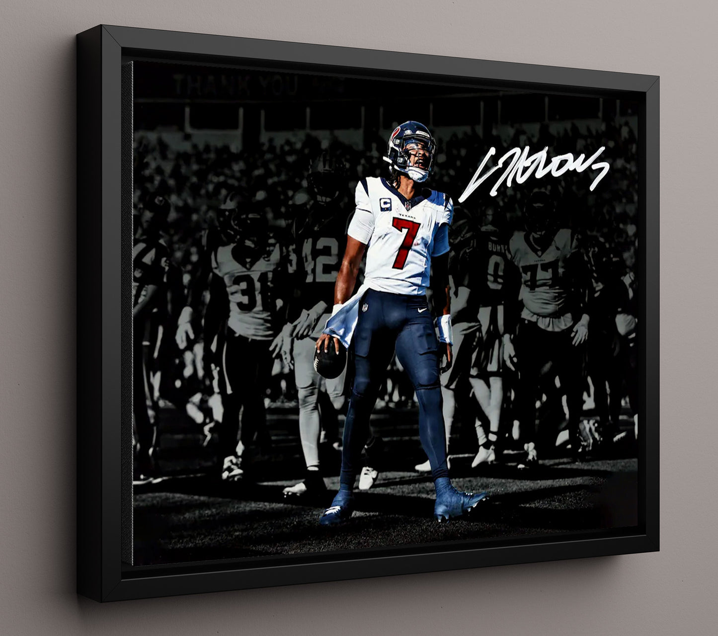 CJ Stroud - Houston Football Quarterback at Line of Scrimmage Vintage Football Wall Art - 16x20 Framed Canvas football decor