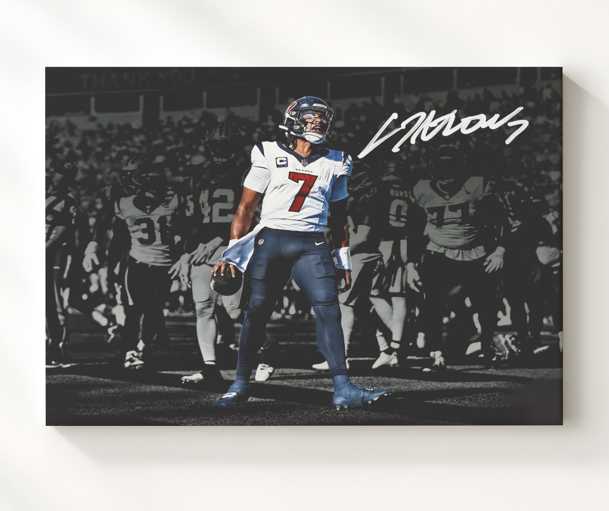 CJ Stroud - Houston Football Quarterback at Line of Scrimmage Vintage Football Wall Art - 20x24 Canvas football decor