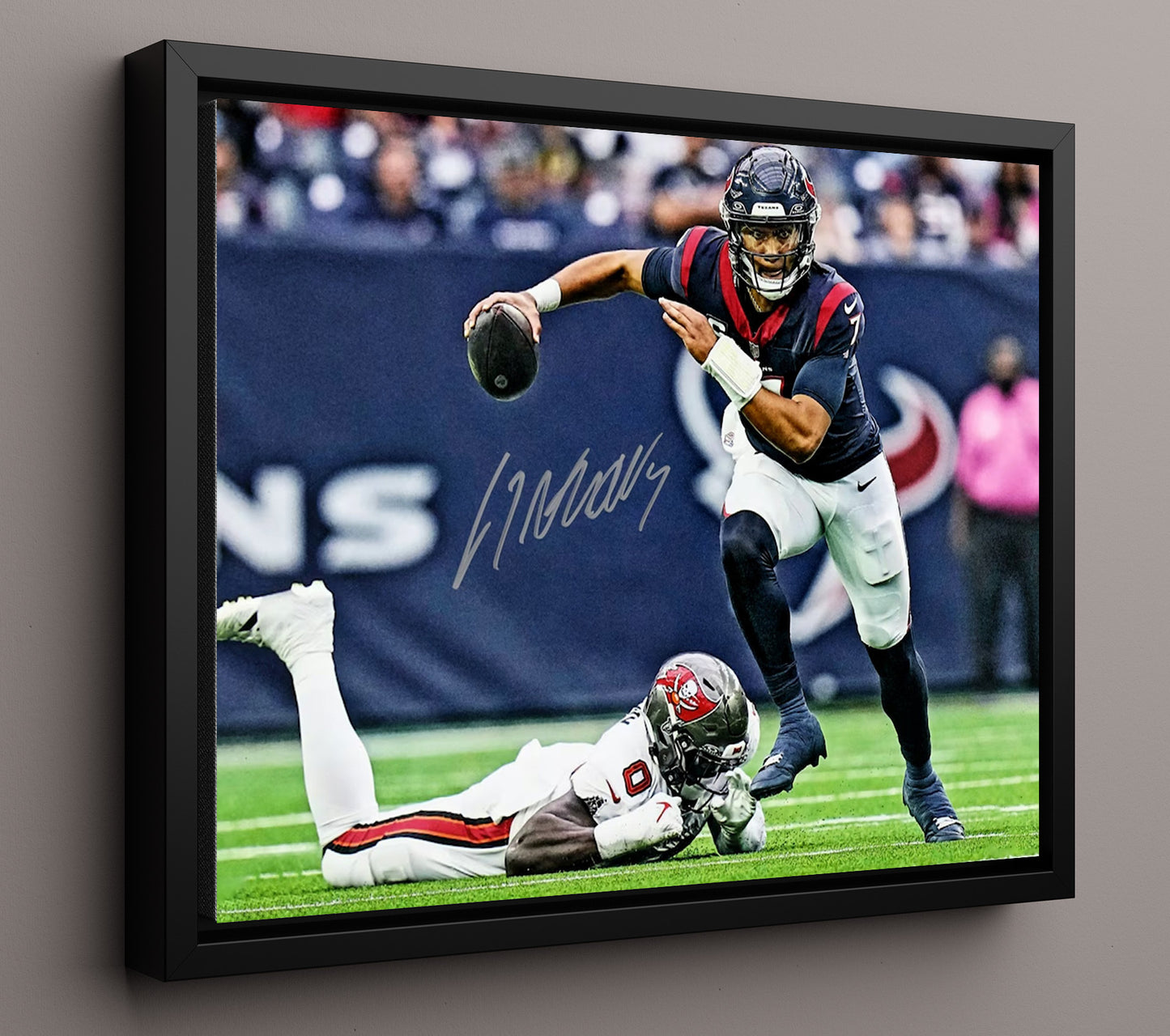 CJ Stroud Houston Quarterback Pocket Escape Throw Football Wall Art 16x20 Floating Canvas Display wall art print - Football decor