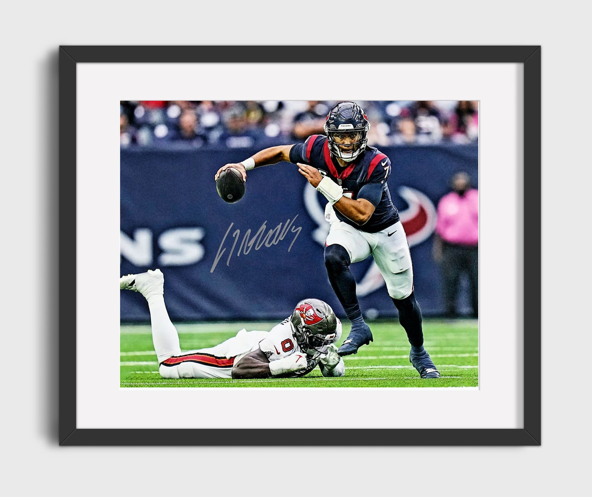 CJ Stroud Houston Quarterback Pocket Escape Throw Football Wall Art 16x20 Gallery Framed Artwork wall art print - Football decor