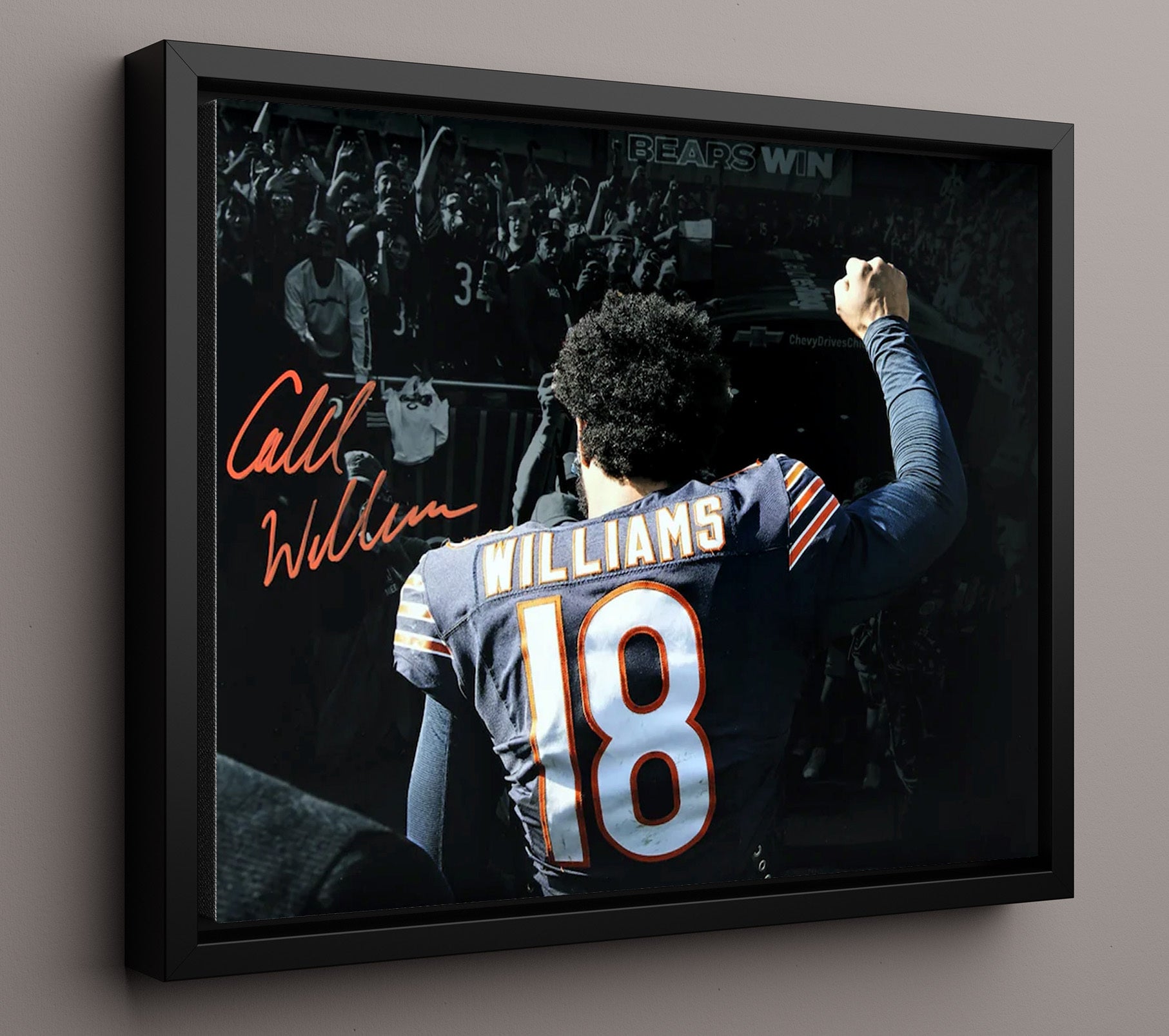 Caleb Williams - Chicago Football Quarterback Victory Fist to Crowd Vintage Football Wall Art - 16x20 Framed Canvas football decor