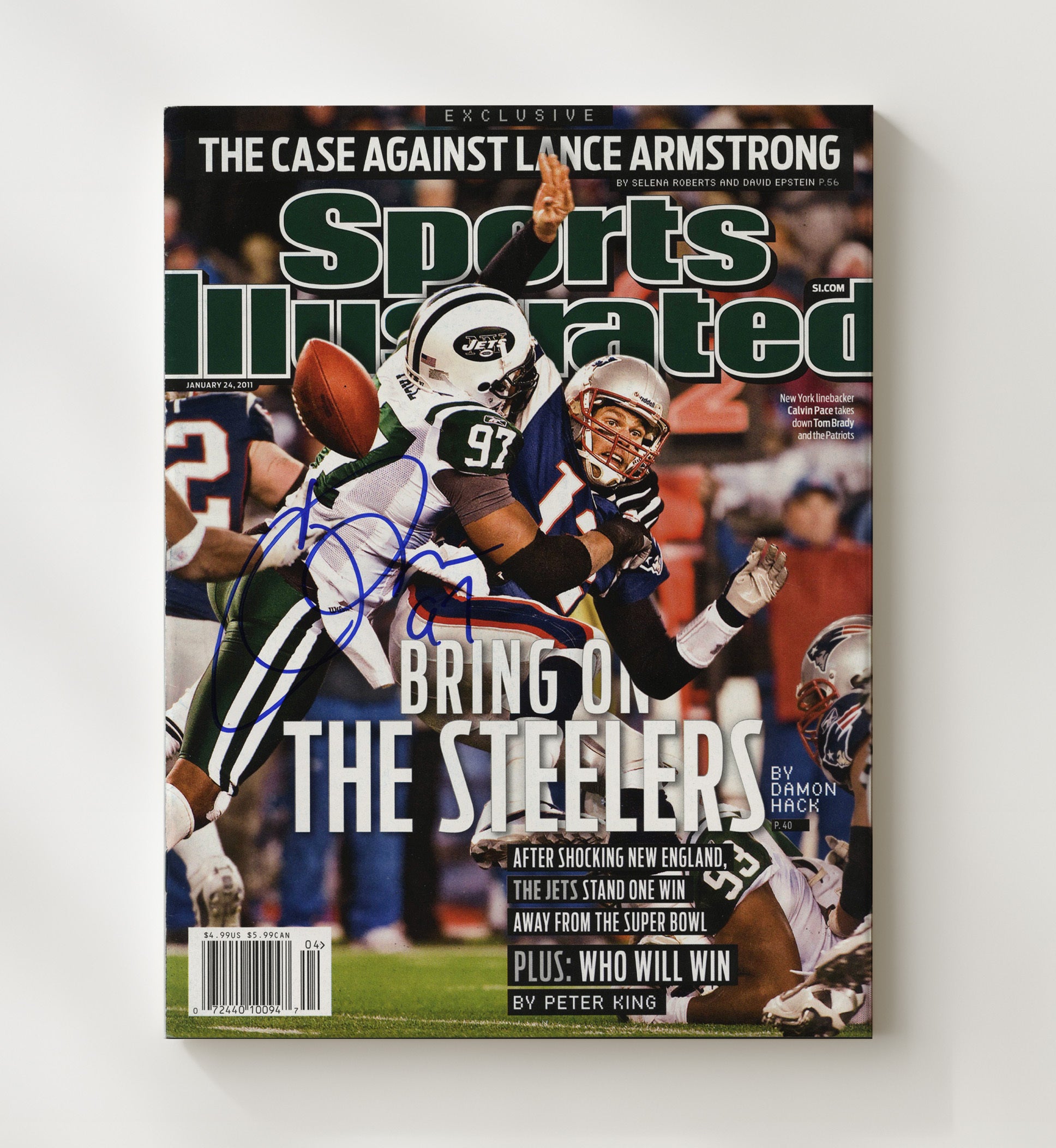 Calvin Pace - New York football Playoff Sack vs New England 2011 SI Cover Vintage Football Wall Art - 20x24 Canvas football decor