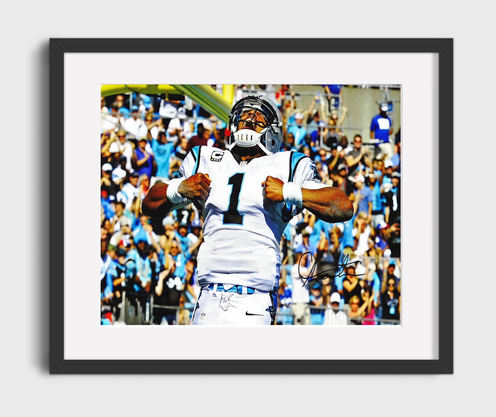 Cam Newton - Carolina Football Quarterback Celebration Flex Spotlight Vintage Football Wall Art - 16x20 Gallery Frame football decor