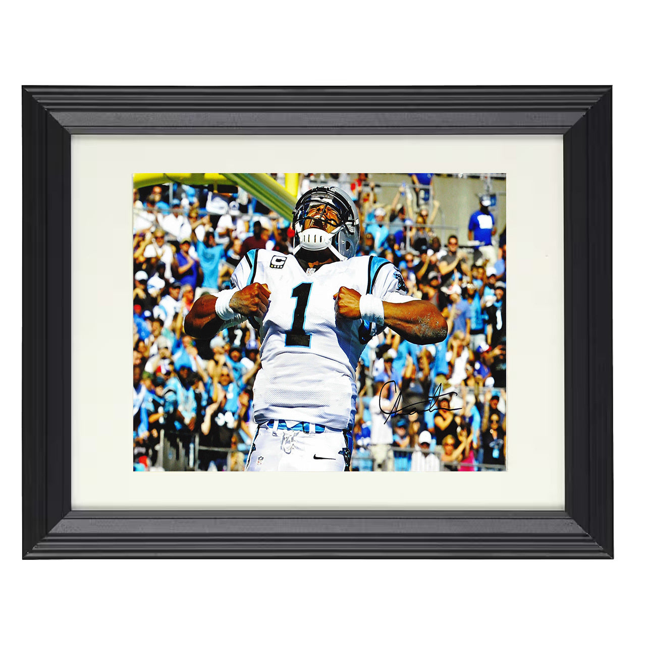 Cam Newton – Carolina QB Celebration Flex Spotlight – 8x10 black beveled framed football wall art