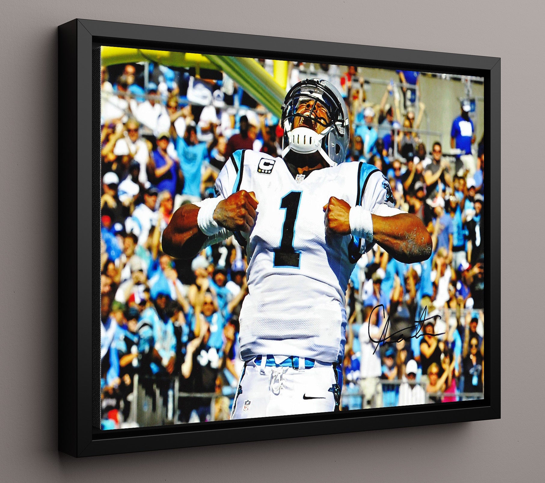 Cam Newton Carolina Quarterback Celebration Flex Spotlight Football Wall Art 16x20 Floating Canvas Display wall art print - Football decor