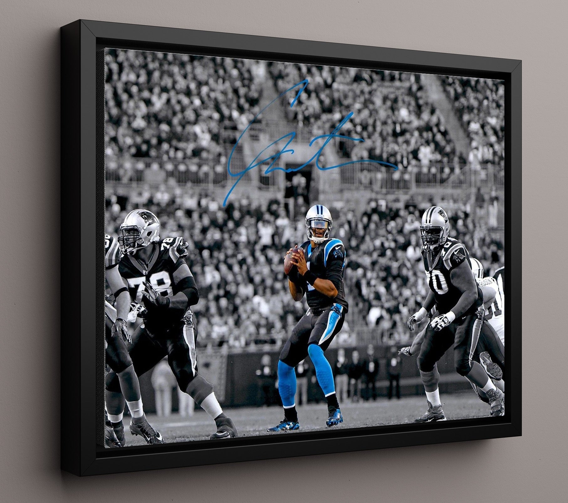 Cam Newton - Carolina Football Quarterback Under Stadium Lights Spotlight Vintage Football Wall Art - 16x20 Framed Canvas football decor