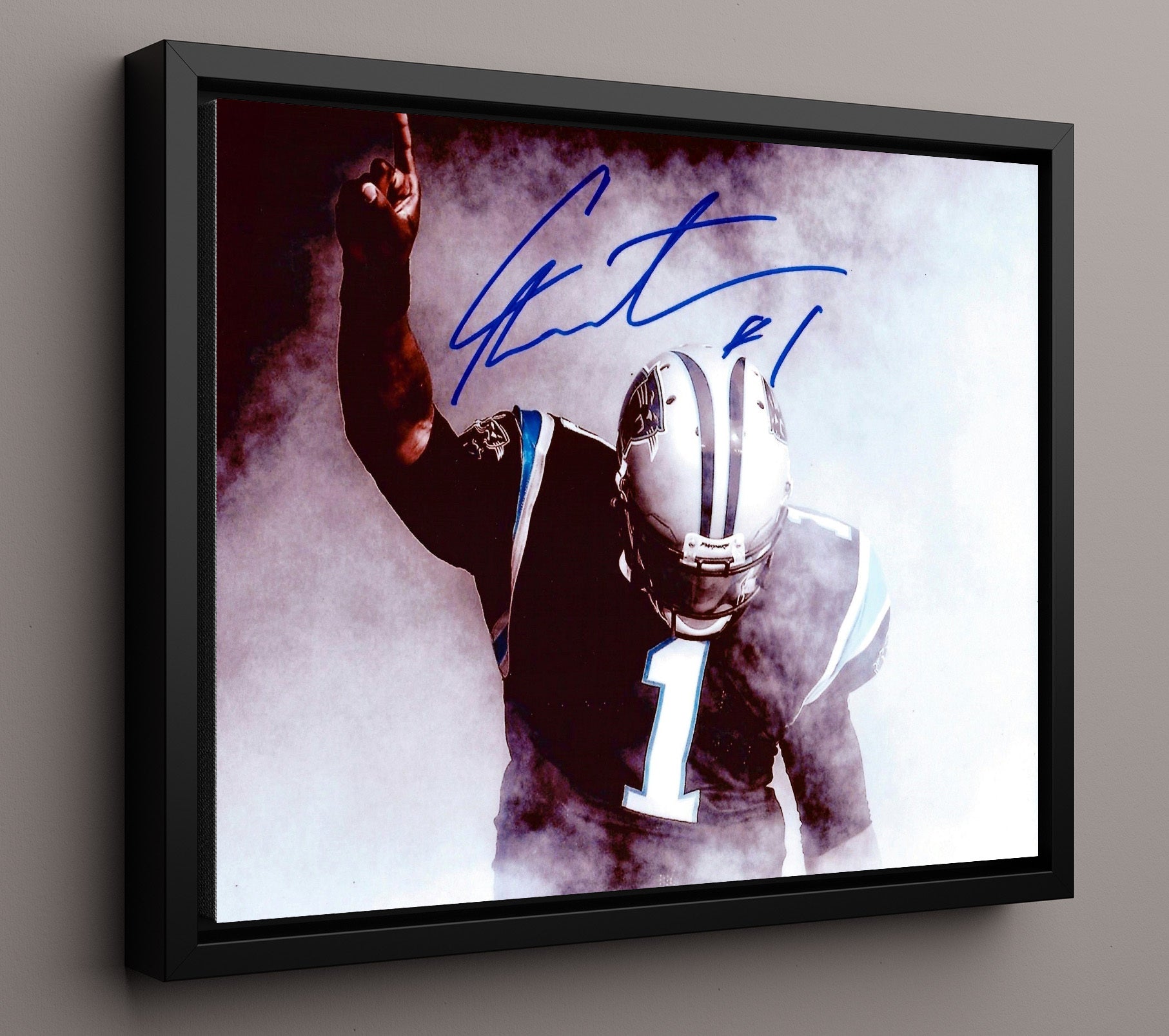 Cam Newton Carolina Superman Celebration Pose Spotlight Football Wall Art 16x20 Floating Canvas Display wall art print - Football decor