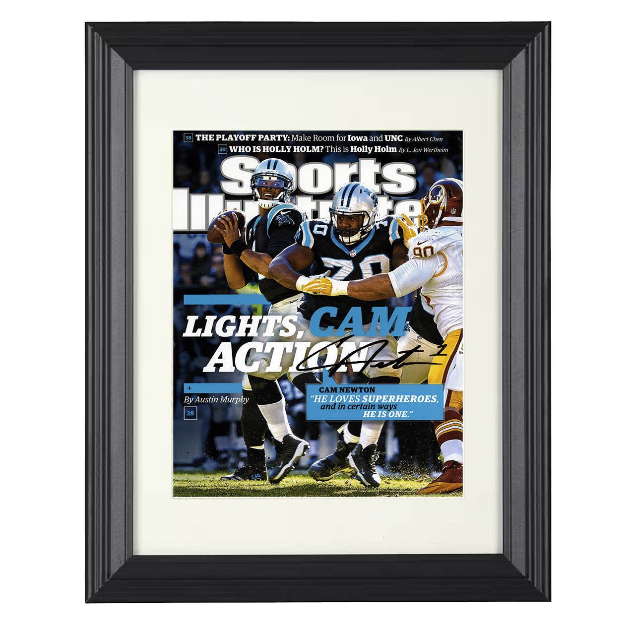 Cam Newton – Carolina Lights Cam Action 2015 SI – 8x10 black beveled framed football wall art