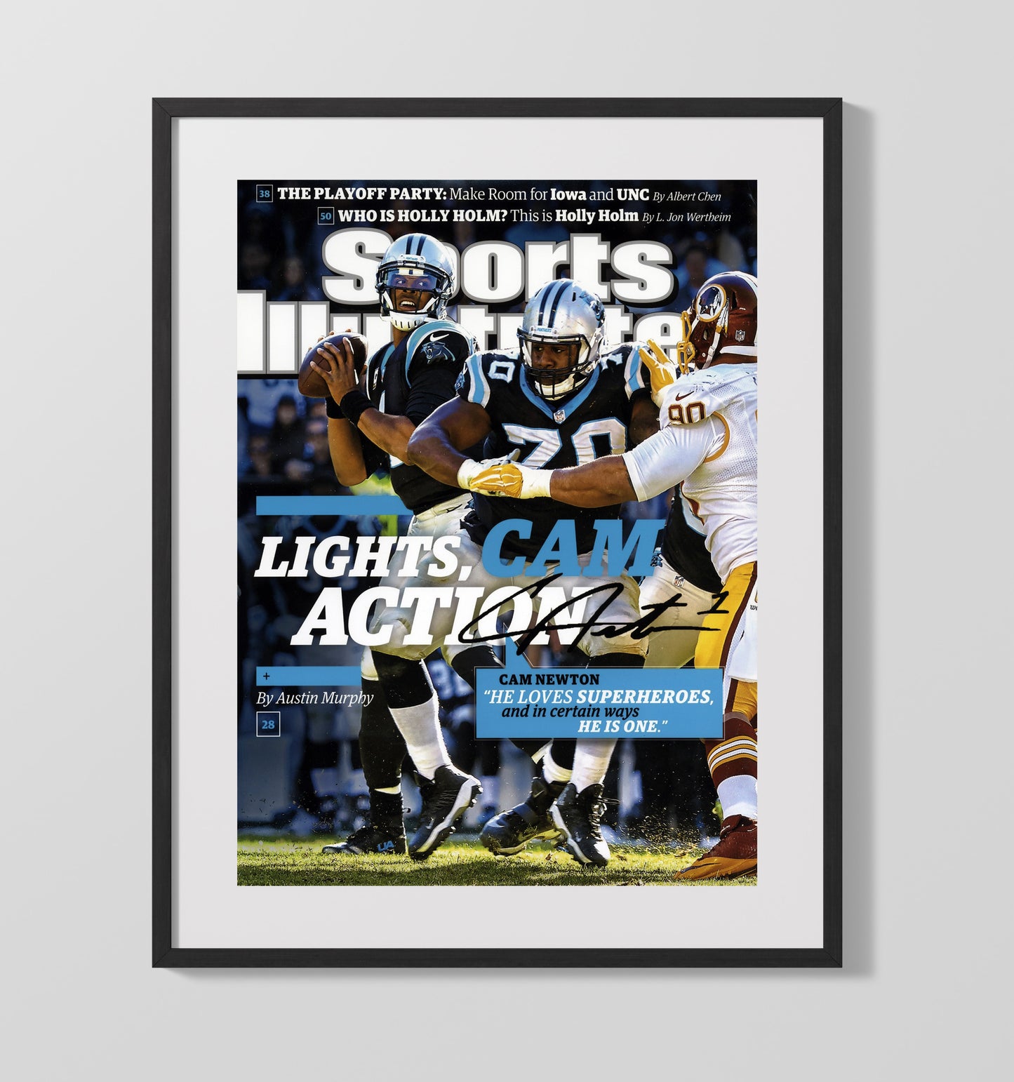 Cam Newton - Carolina football Lights Cam Action 2015 SI Cover Vintage Football Wall Art - 16x20 Gallery Frame football decor