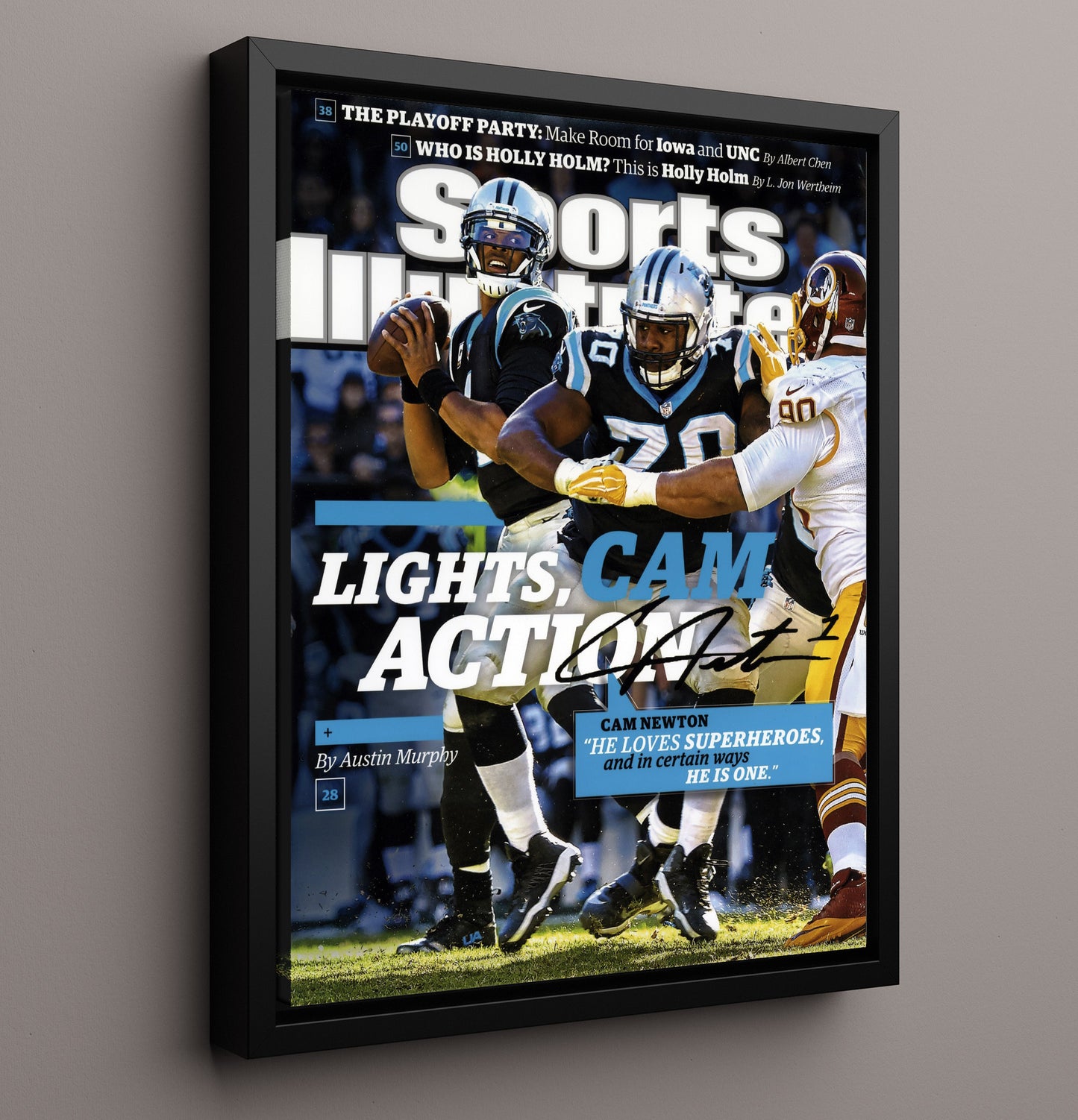 Cam Newton - Carolina football Lights Cam Action 2015 SI Cover Vintage Football Wall Art - 16x20 Framed Canvas football decor