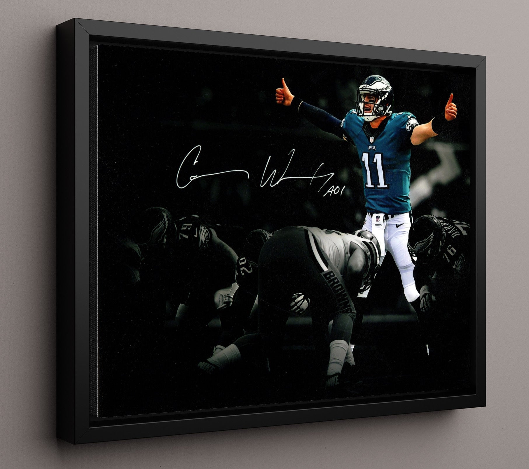Carson Wentz - Philadelphia Football Quarterback Thumbs Up Celebration Vintage Football Wall Art - 16x20 Framed Canvas football decor