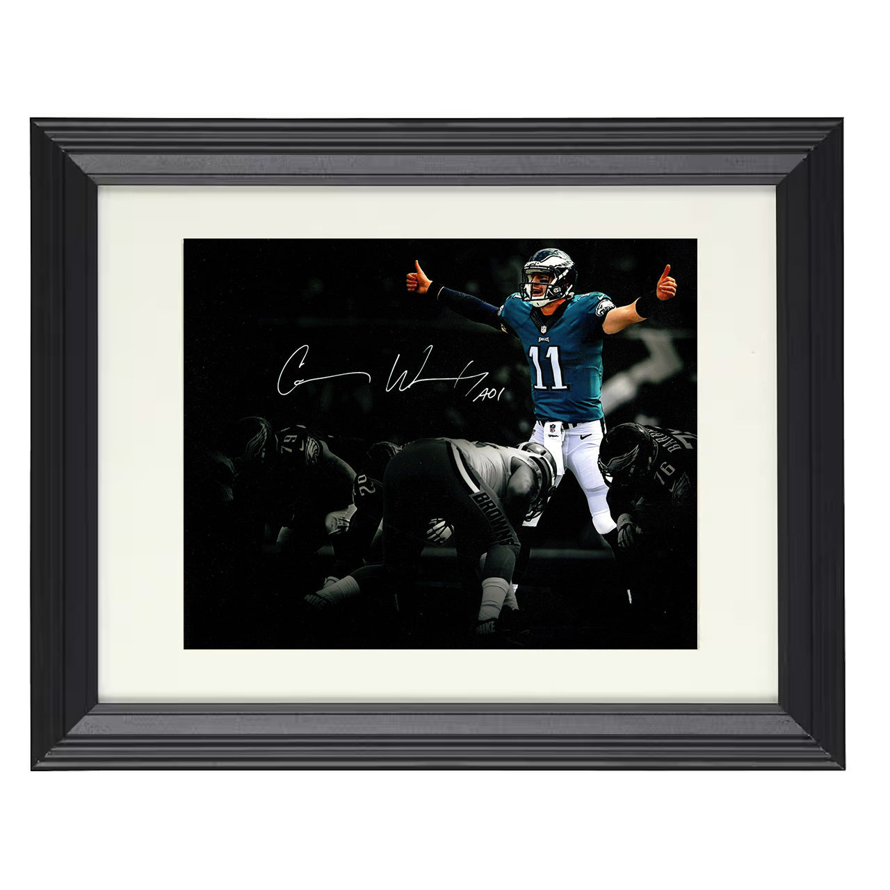 Carson Wentz – Philadelphia QB Thumbs Up Celebration – 8x10 black beveled framed football wall art