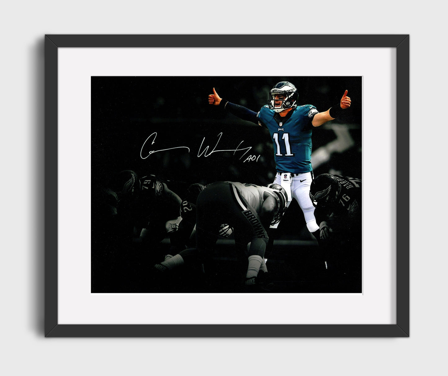 Carson Wentz Philadelphia Quarterback Thumbs Up Celebration Football Wall Art 16x20 Gallery Framed Artwork wall art print - Football decor