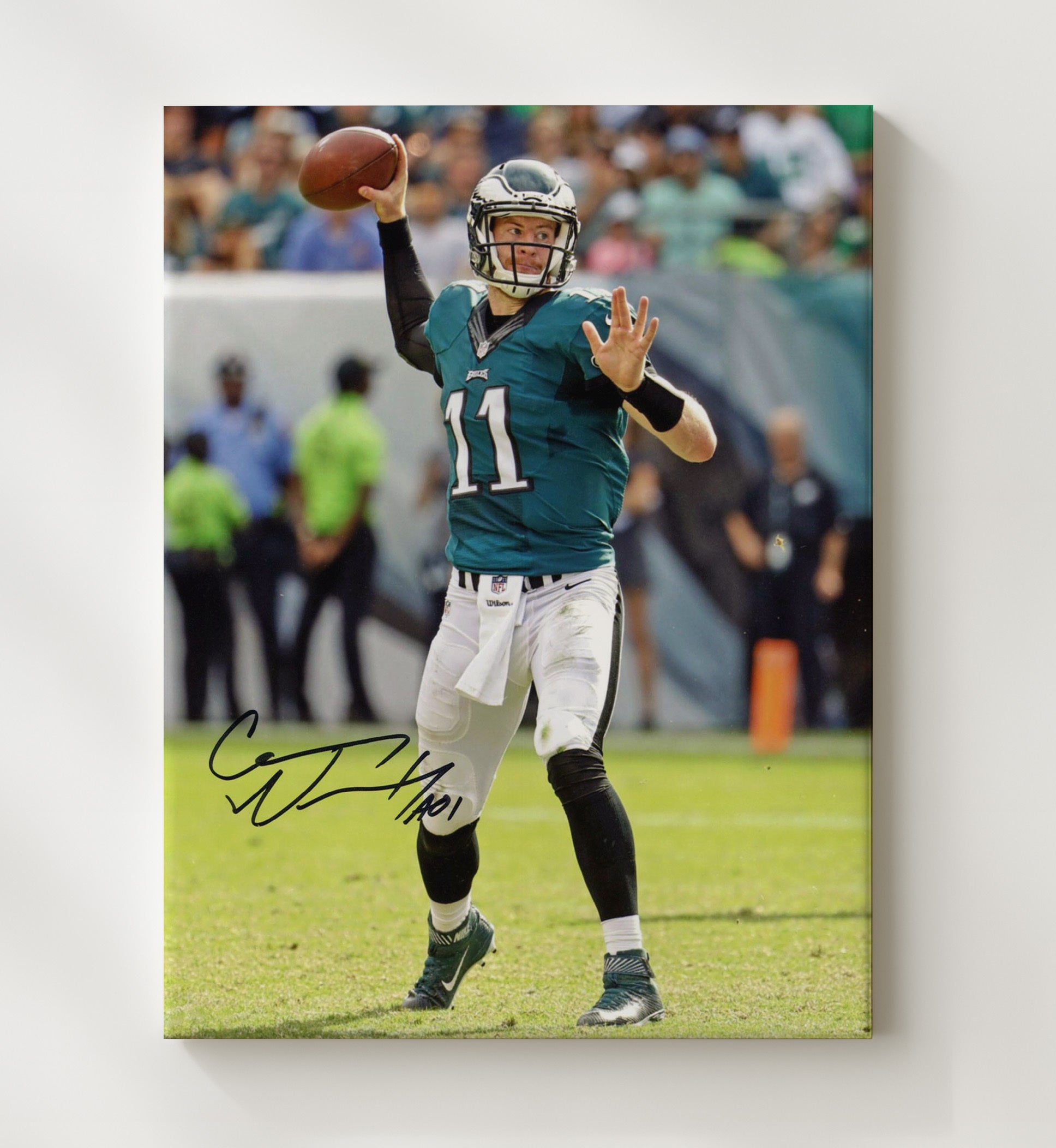 Carson Wentz - Philadelphia football Quarterback Passing Action Vintage Football Wall Art - 20x24 Canvas football decor