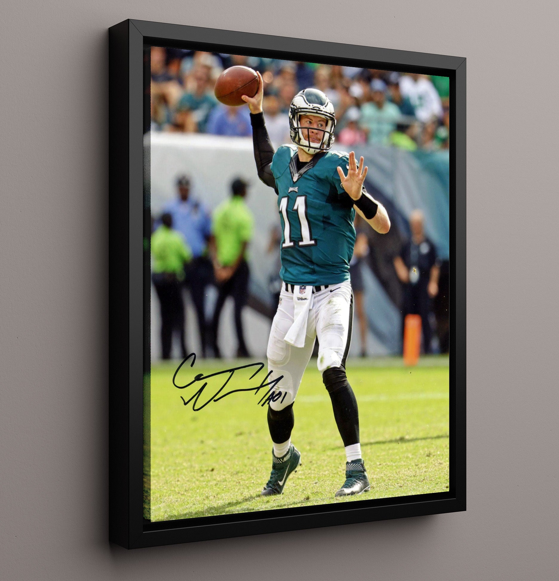 Carson Wentz - Philadelphia football Quarterback Passing Action Vintage Football Wall Art - 16x20 Framed Canvas football decor