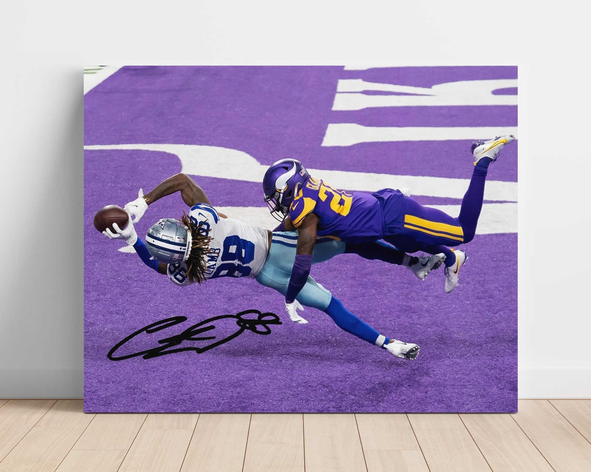 CeeDee Lamb Dallas End Zone Diving Catch Football Wall Art Unframed 8x10 in Plastic Sleeve wall art print - Football decor