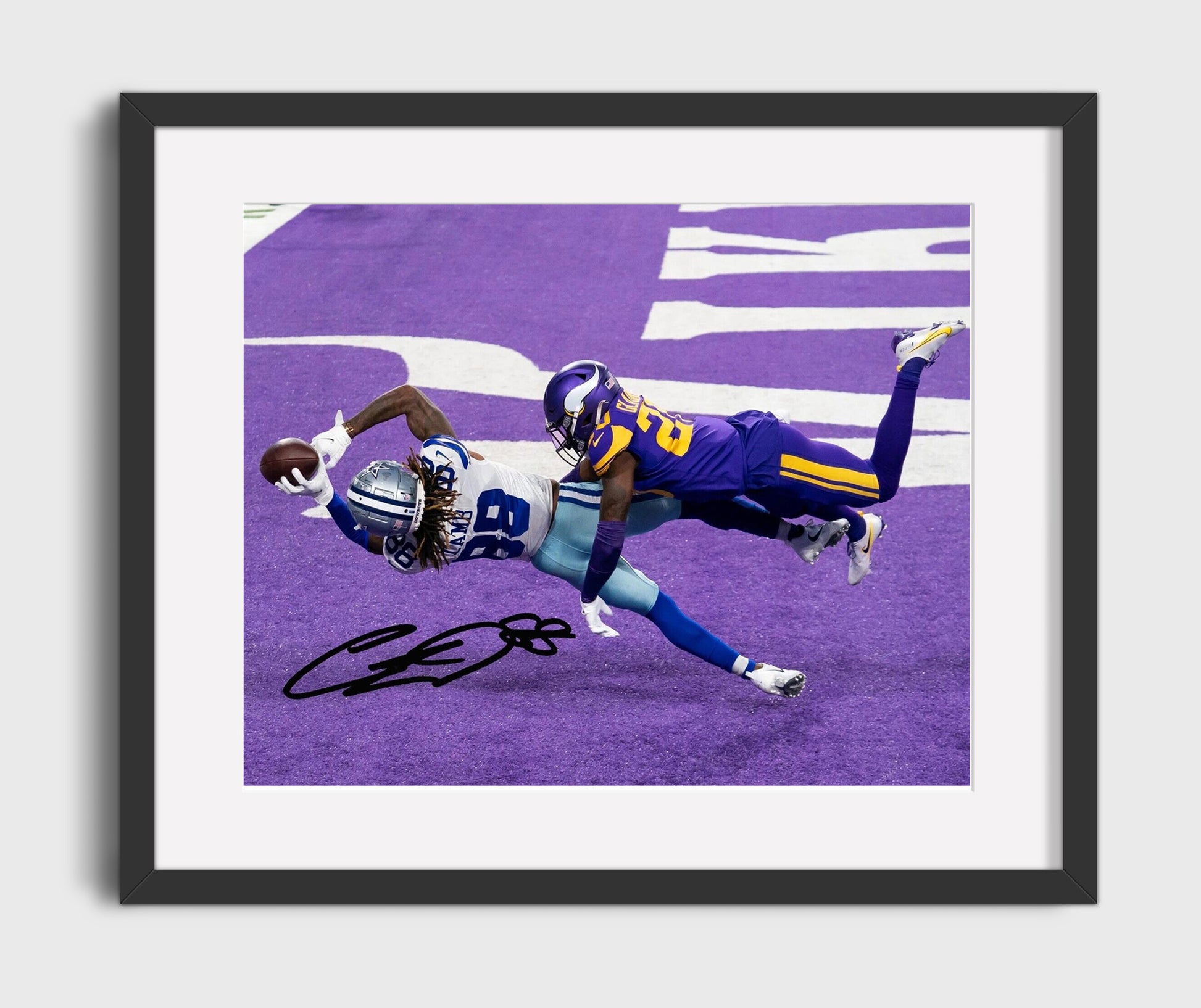 CeeDee Lamb Dallas End Zone Diving Catch Football Wall Art 16x20 Gallery Framed Artwork wall art print - Football decor