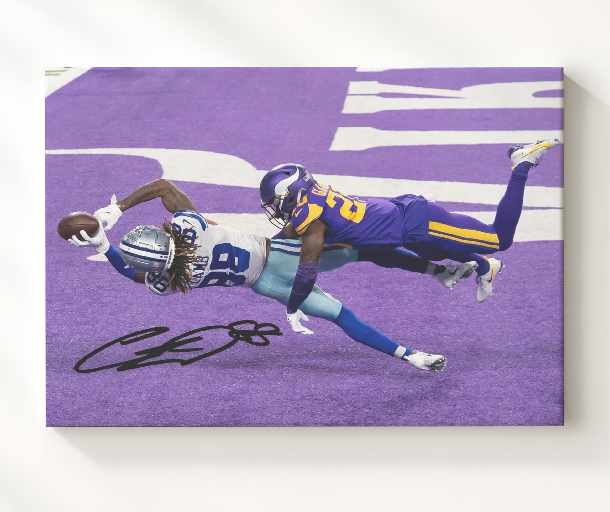 Ceedee Lamb - Dallas Football End Zone Diving Catch Football Wall Art - football wall art print