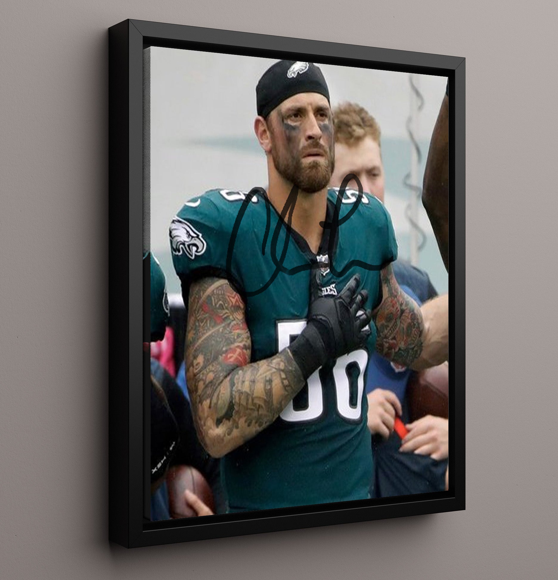 Chris Long - Philadelphia football National Anthem Hand Over Heart Vintage Football Wall Art - 16x20 Framed Canvas football decor