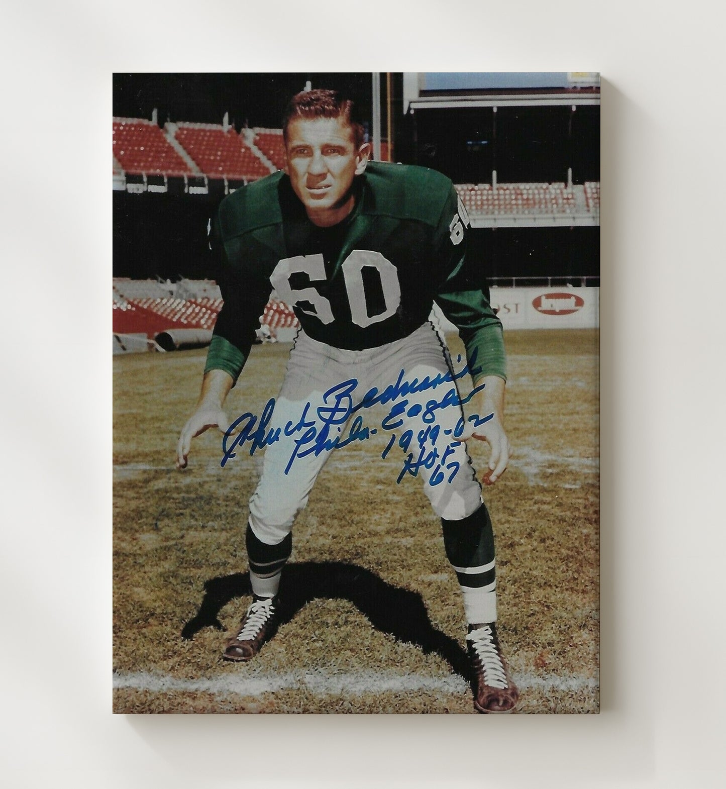 Chuck Bednarik - Philadelphia football Hall of Fame Linebacker Classic Pose Vintage Football Wall Art - 20x24 Canvas football decor