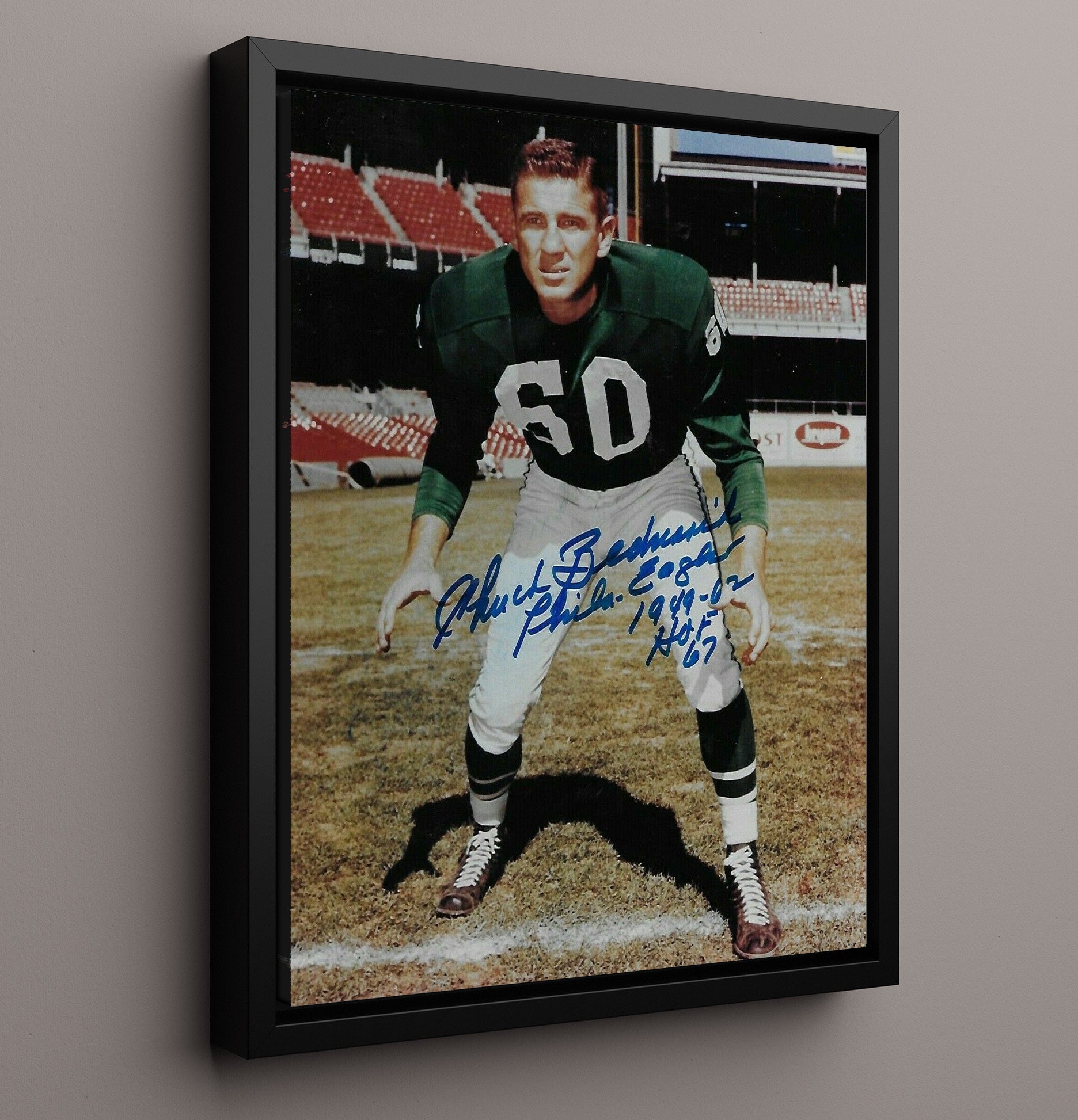 Chuck Bednarik - Philadelphia football Hall of Fame Linebacker Classic Pose Vintage Football Wall Art - 16x20 Framed Canvas football decor