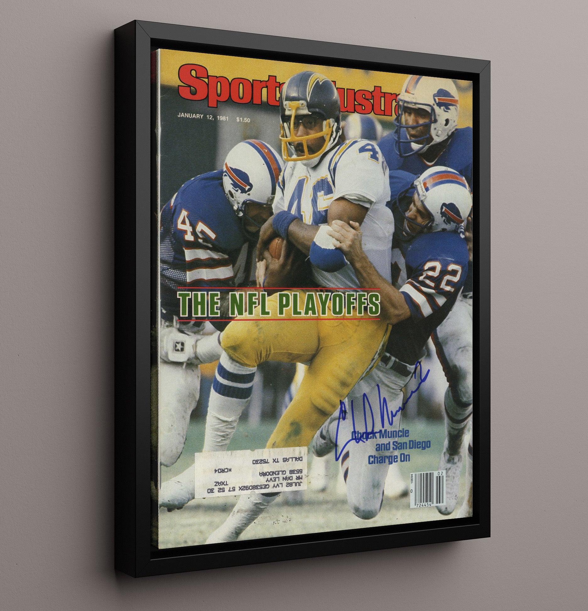 Chuck Muncie - San Diego football Playoff Tackle vs Buffalo 1981 SI Cover Vintage Football Wall Art - 16x20 Framed Canvas football decor