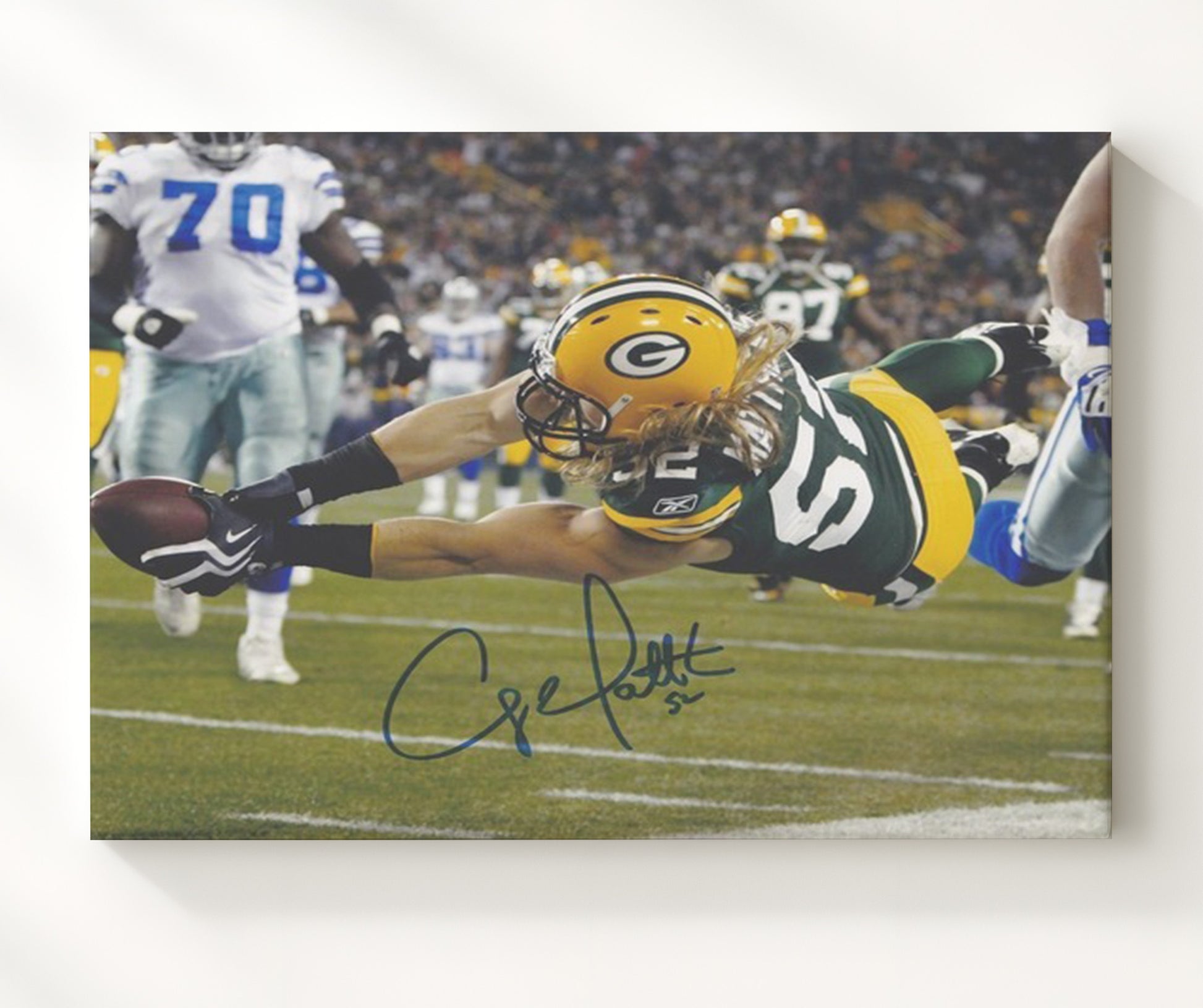 Clay Matthews - Green Bay Football Diving Touchdown Return Football Wall Art - football wall art print