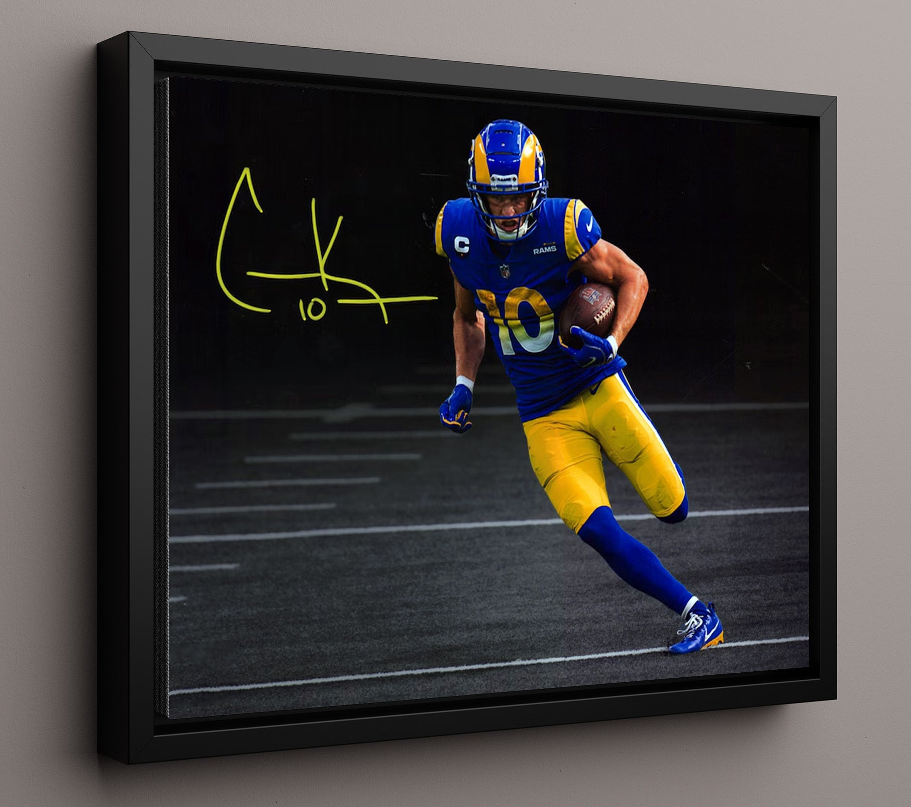Cooper Kupp Los Angeles Route Runner Sprint With Ball Spotlight Football Wall Art 16x20 Floating Canvas Display wall art print - Football decor