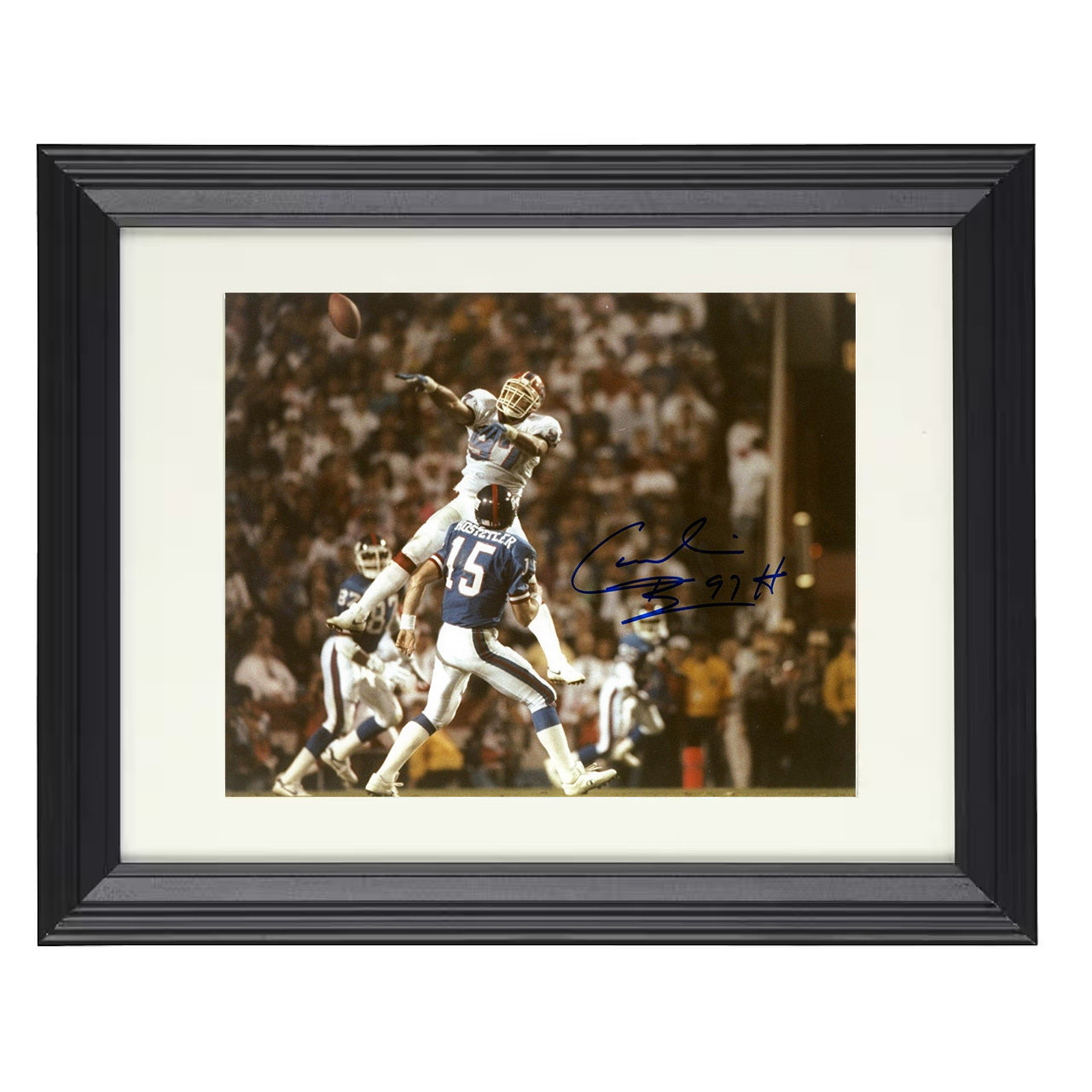Cornelius Bennett – Buffalo Leaping Pass Block – 8x10 black beveled framed football wall art