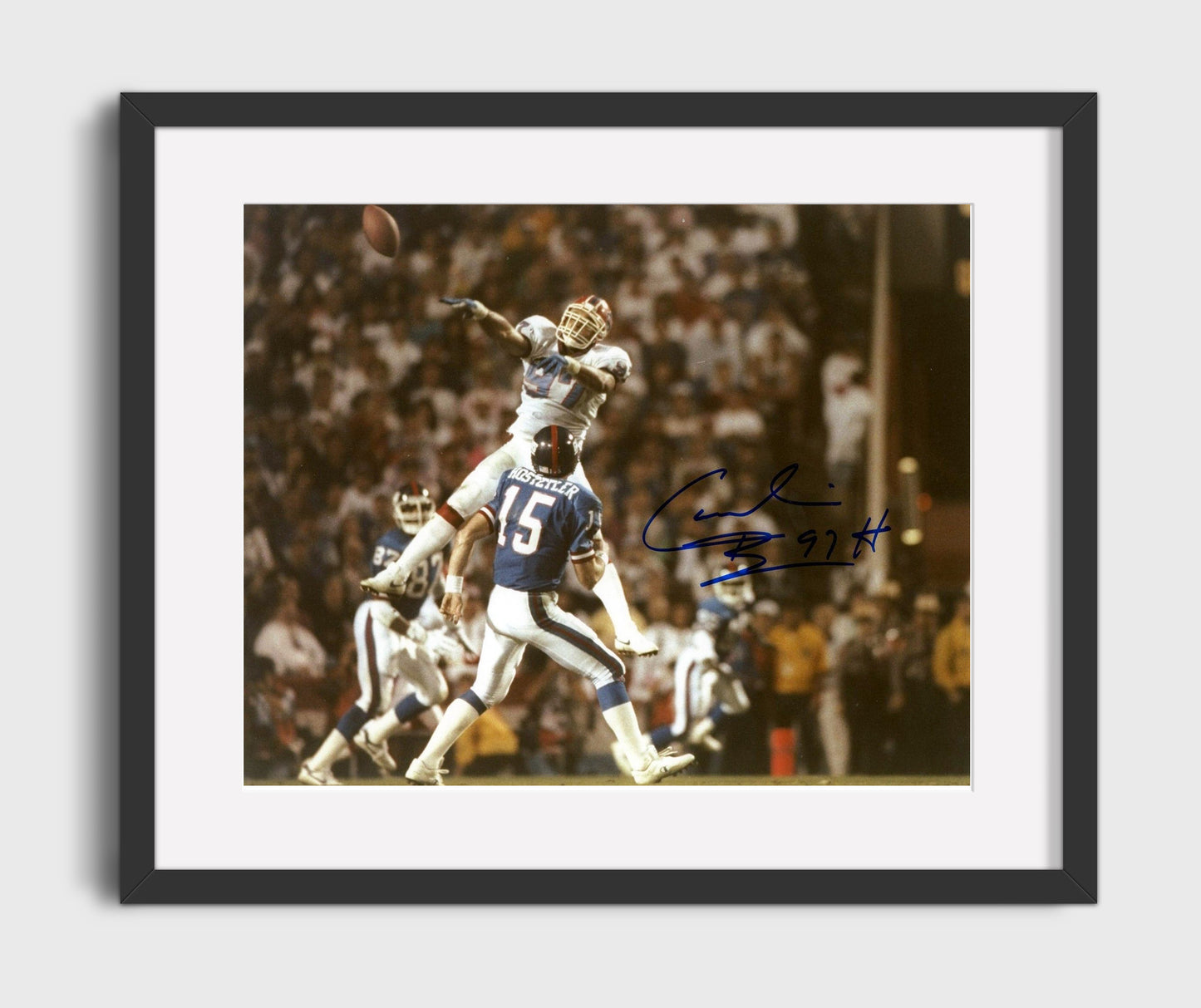 Cornelius Bennett Buffalo Leaping Pass Block Football Wall Art 16x20 Gallery Framed Artwork wall art print - Football decor