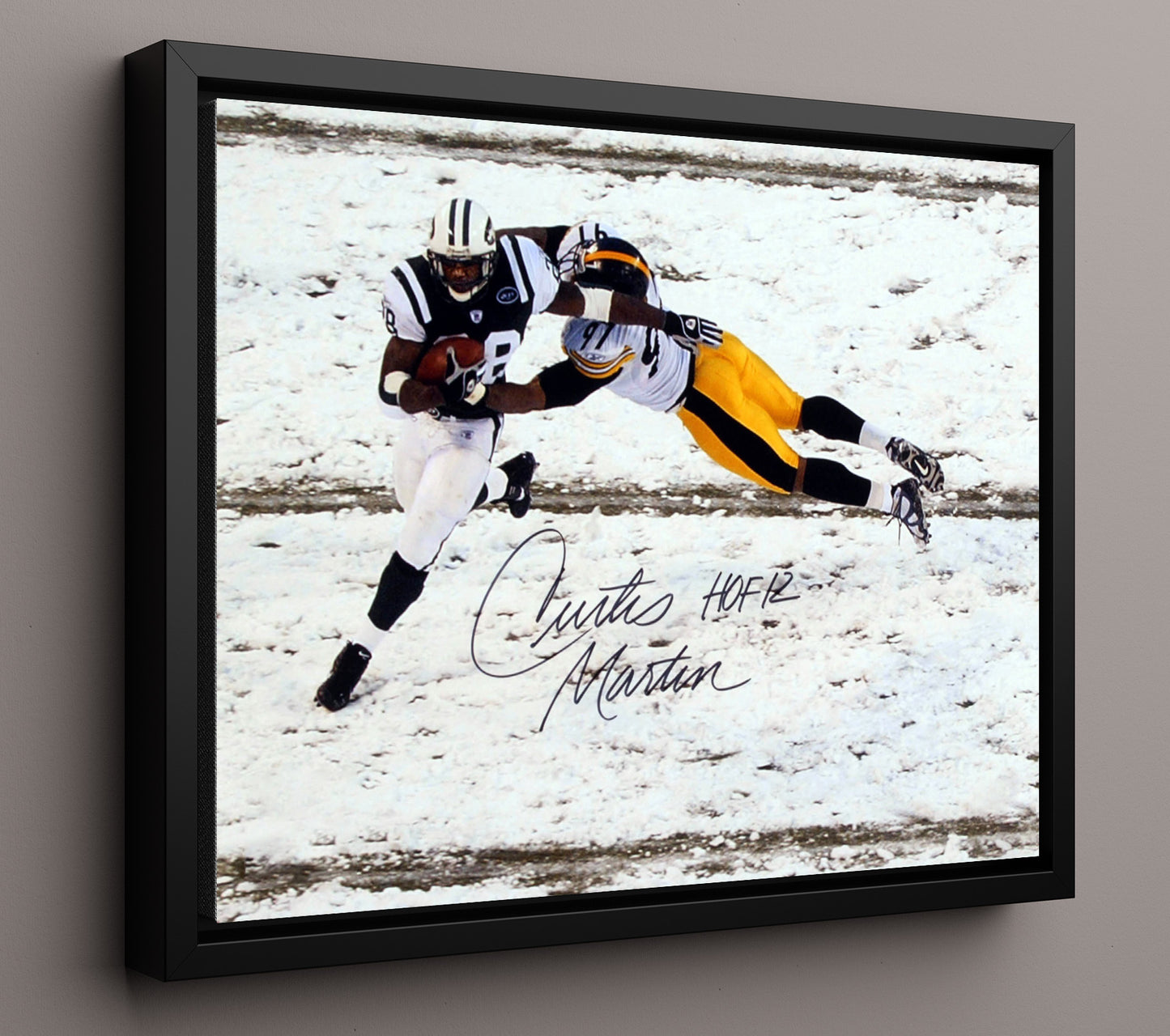 Curtis Martin - New York football Snow Game Breakaway Run Vintage Football Wall Art - 16x20 Framed Canvas football decor