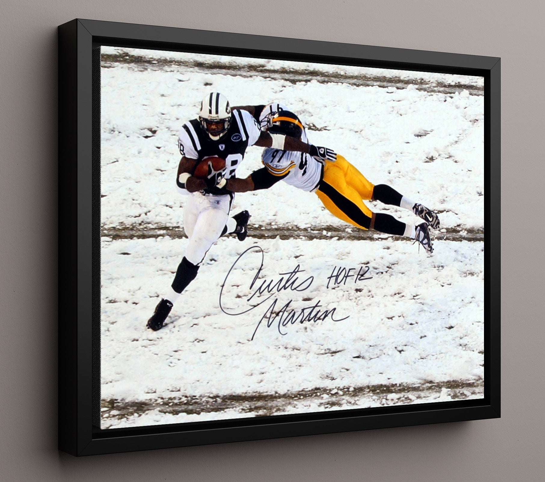 Curtis Martin - New York football Snow Game Breakaway Run Vintage Football Wall Art - 16x20 Framed Canvas football decor