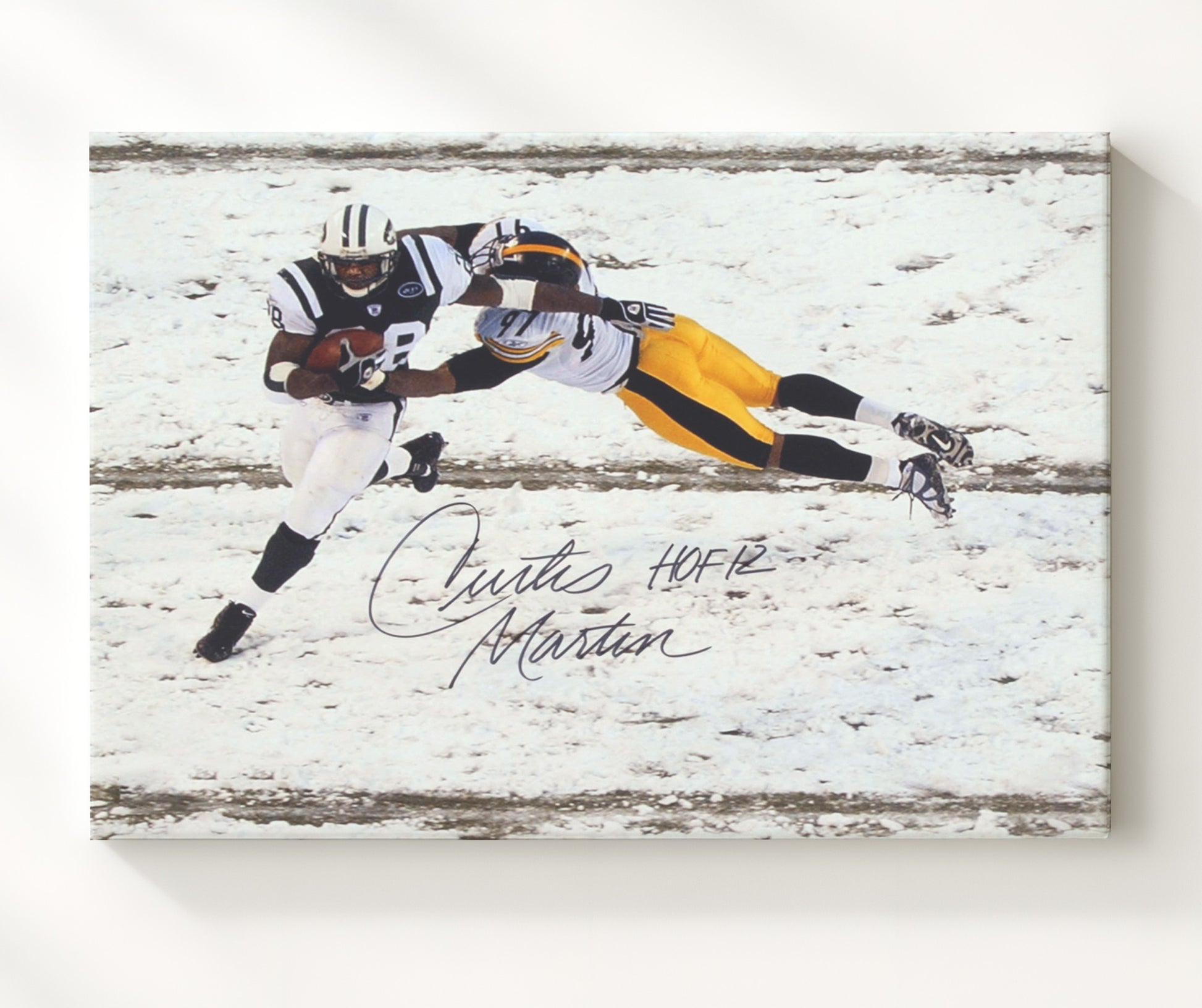 Curtis Martin - New York football Snow Game Breakaway Run Vintage Football Wall Art - 20x24 Canvas football decor