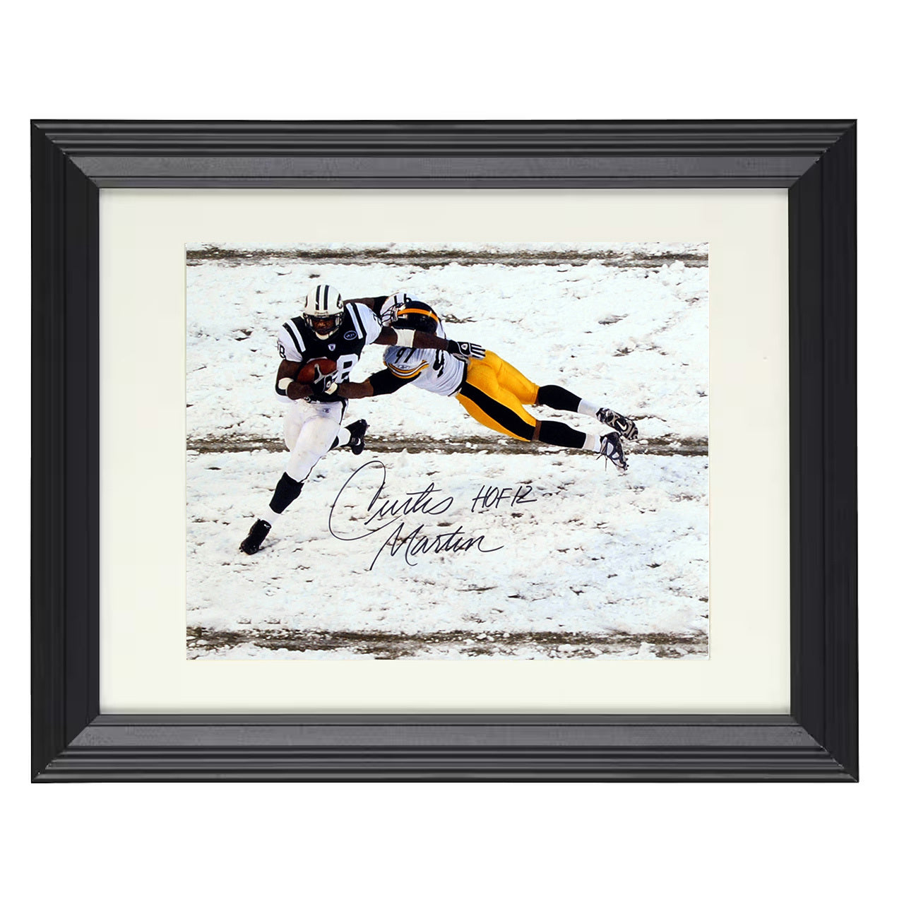 Curtis Martin – New York Snow Game Breakaway Run – 8x10 black beveled framed football wall art
