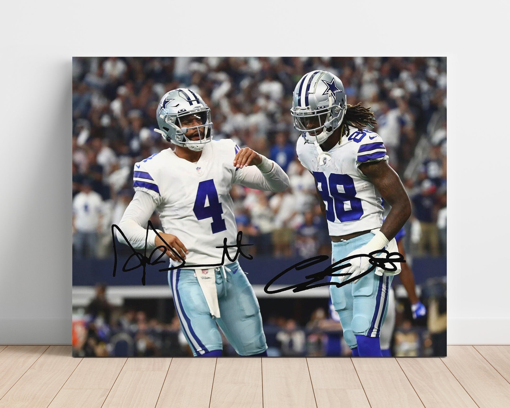 Dak Prescott and CeeDee Lamb Dallas Quarterback Receiver Celebration Football Wall Art Unframed 8x10 in Plastic Sleeve wall art print - Football decor