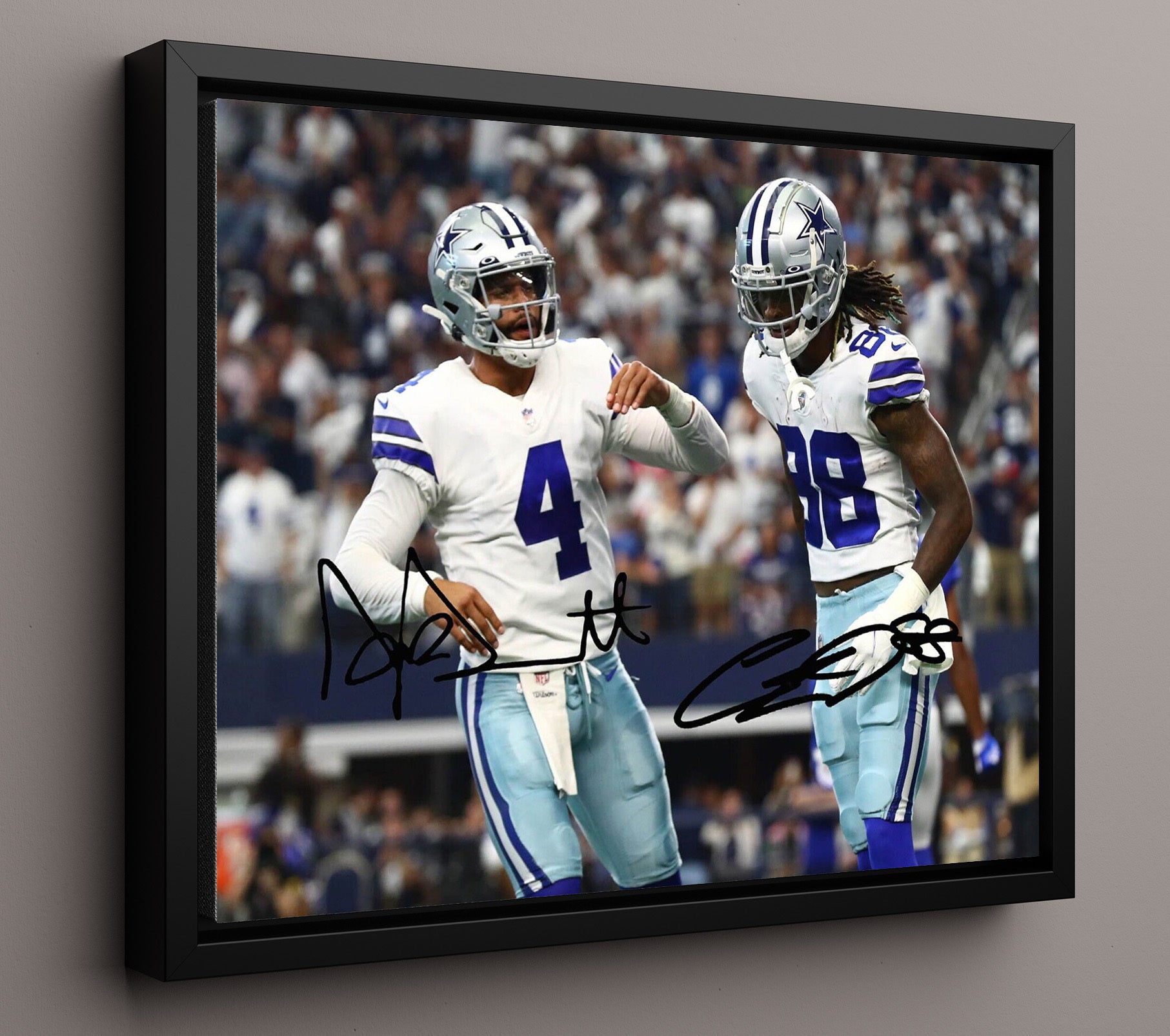 Dak Prescott and CeeDee Lamb - Dallas Football Quarterback Receiver Celebration Vintage Football Wall Art - 16x20 Framed Canvas football decor