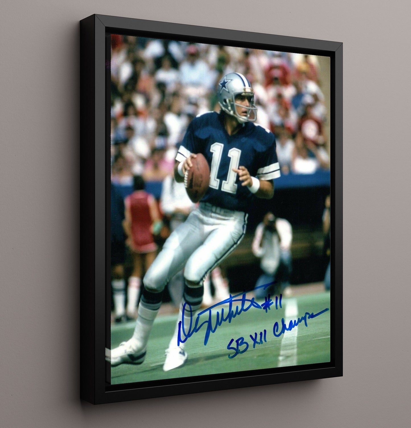 Danny White - Dallas football Quarterback Passing Stance Vintage Football Wall Art - 16x20 Framed Canvas football decor