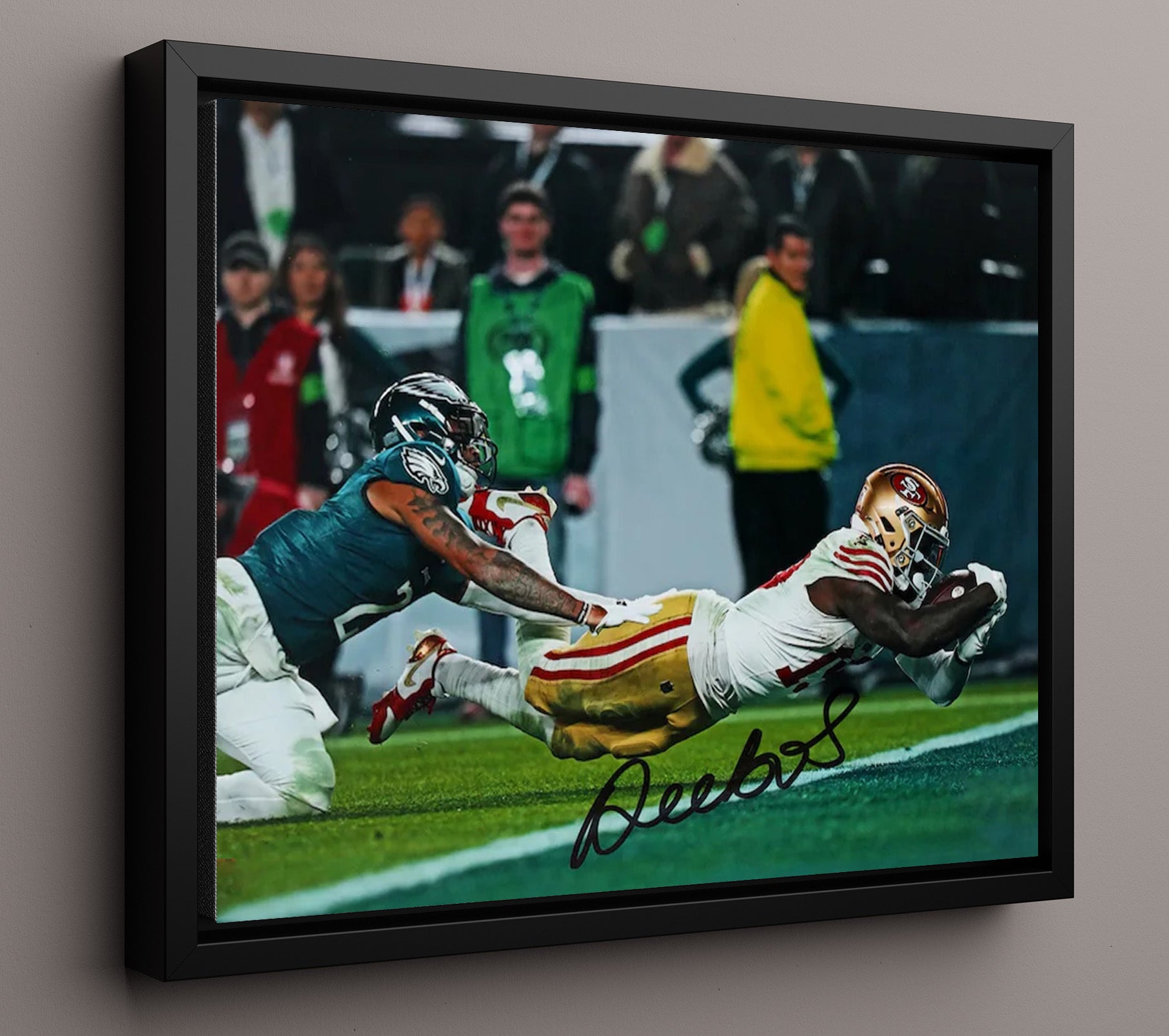 Deebo Samuel San Francisco Diving End Zone Catch Football Wall Art 16x20 Floating Canvas Display wall art print - Football decor