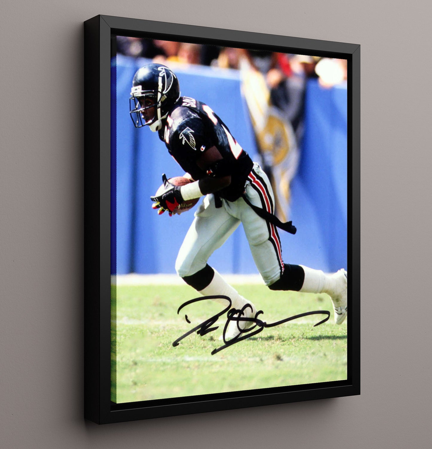 Deion Sanders - Atlanta football Defensive Back Interception Runback Vintage Football Wall Art - 16x20 Framed Canvas football decor