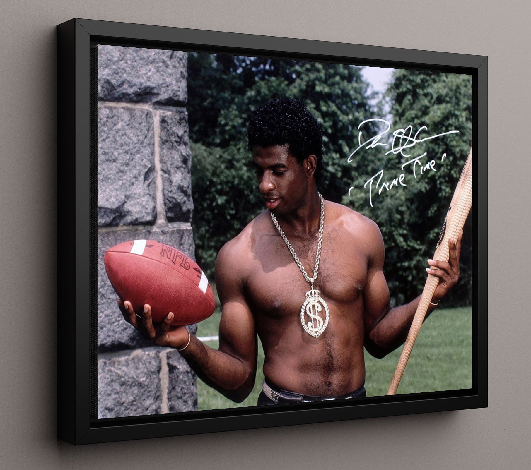 Deion Sanders - Prime Time Swagger Vintage Football Wall Art - 16x20 Framed Canvas football decor