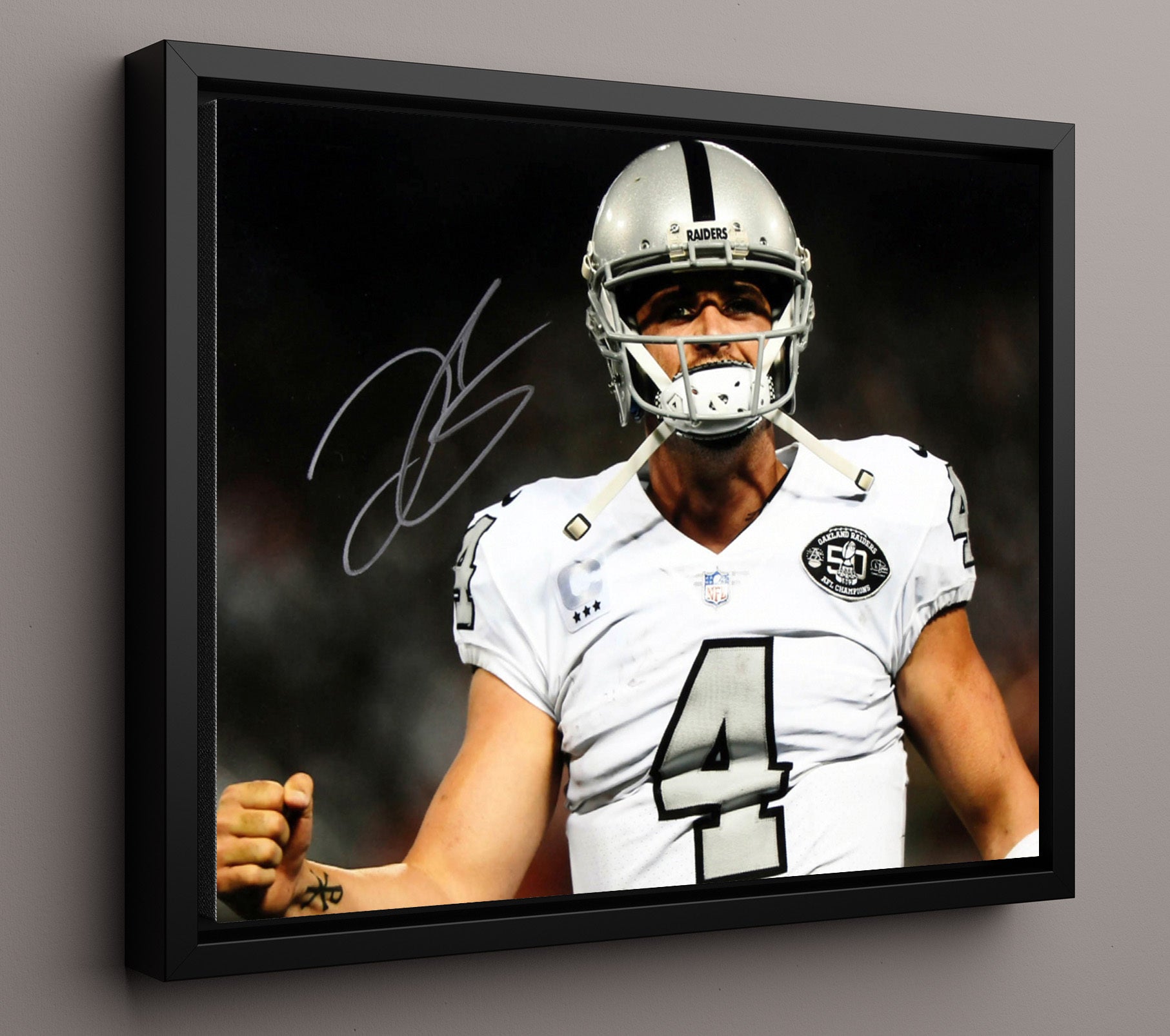 Derek Carr - Oakland football Quarterback Celebration Vintage Football Wall Art - 16x20 Framed Canvas football decor