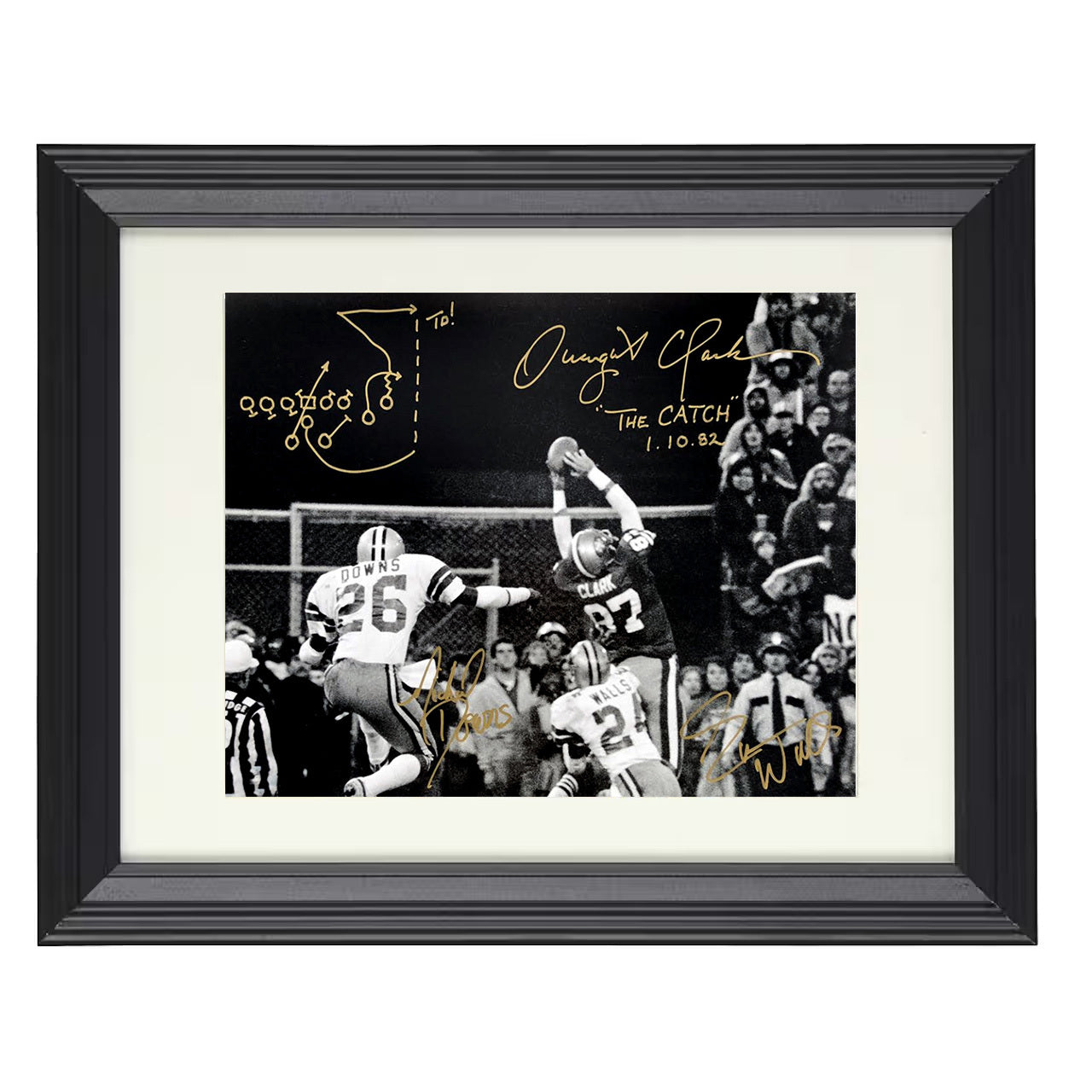 Dwight Clark – The Catch Play Drawn – 8x10 black beveled framed football wall art